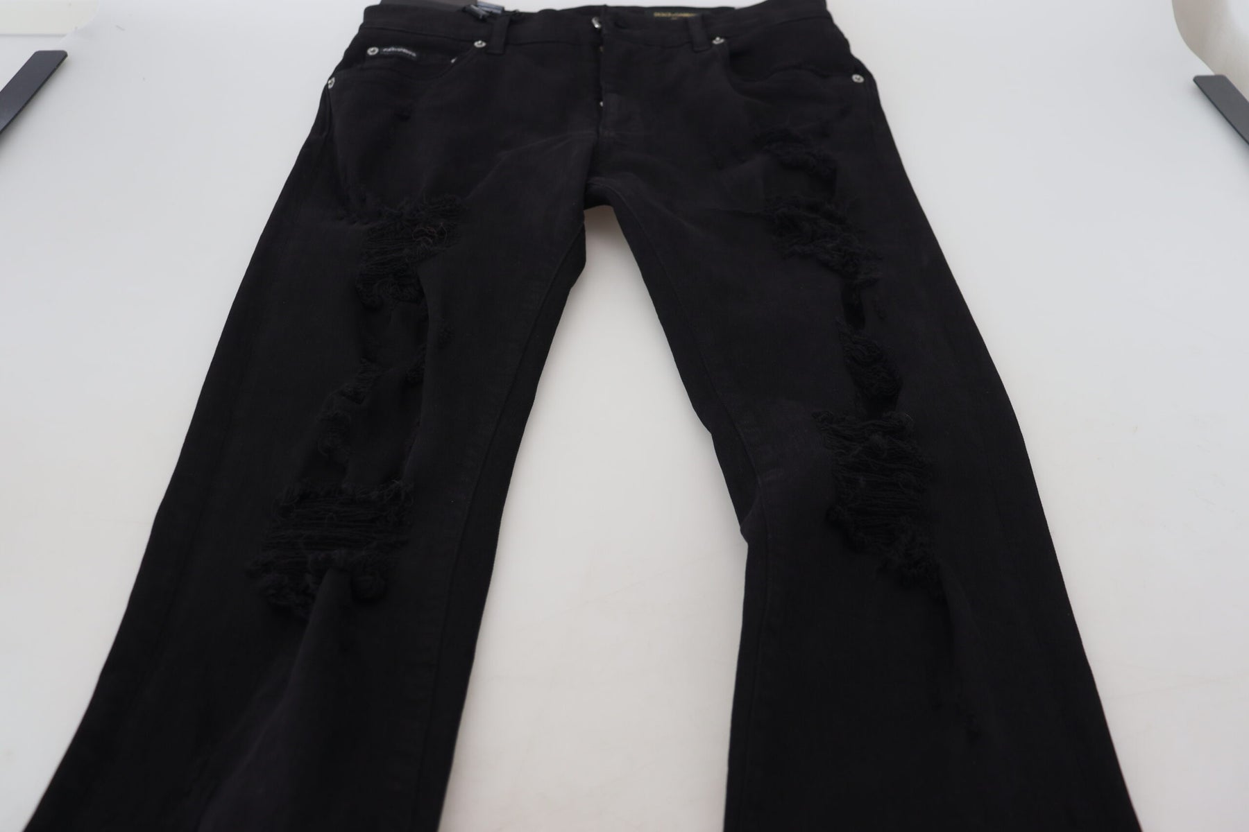 Dolce & Gabbana Black Slim Fit Tattered Denim Cotton Jeans | Regal Royce