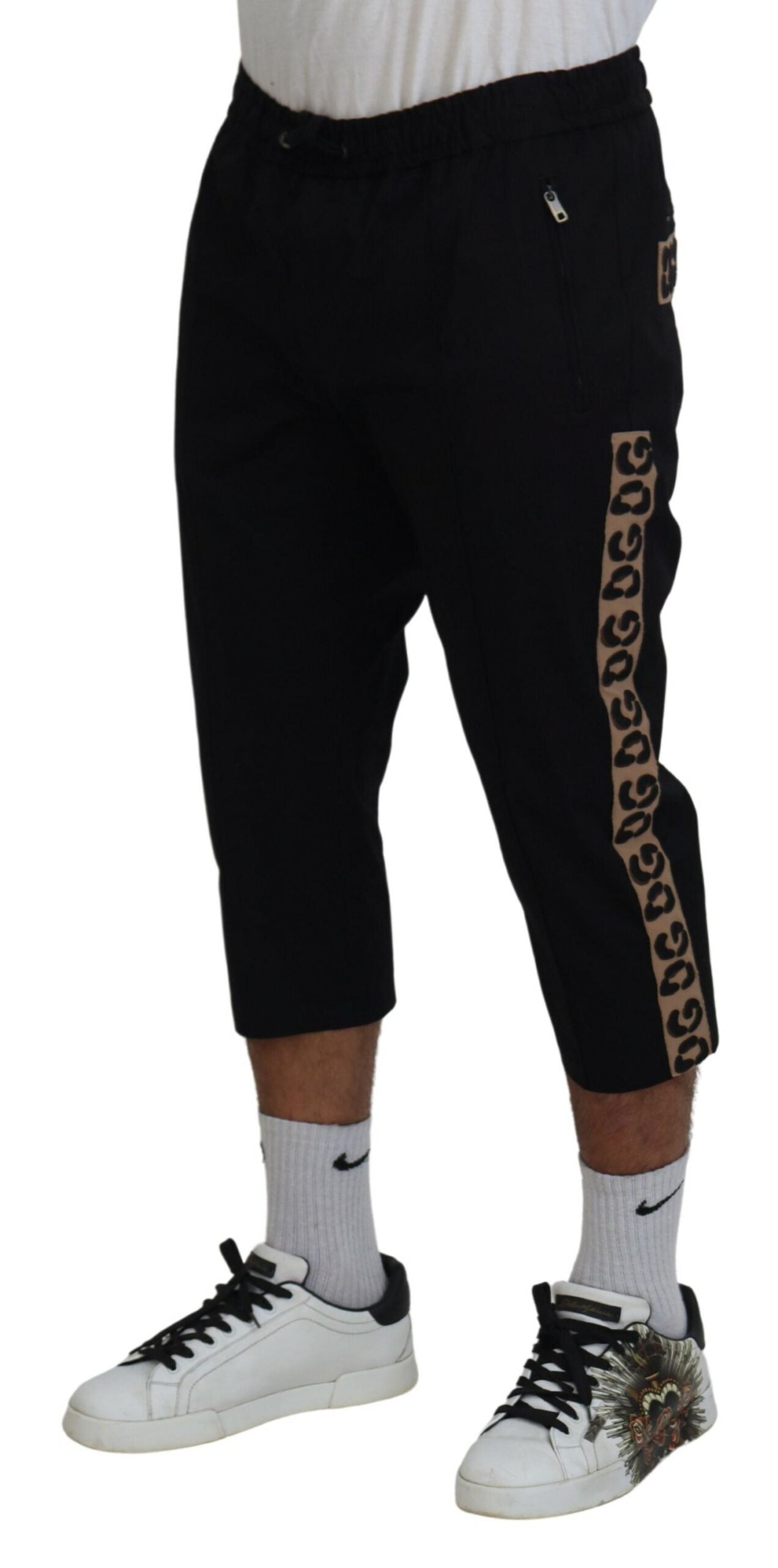 Dolce & Gabbana Black Cotton Elastic Waist DG Logo Cropped Pants | Regal Royce