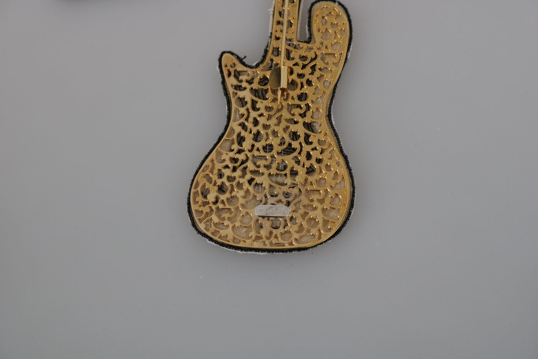 Dolce & Gabbana Gold Brass Beaded Guitar Pin Accessory Brooch | Regal Royce