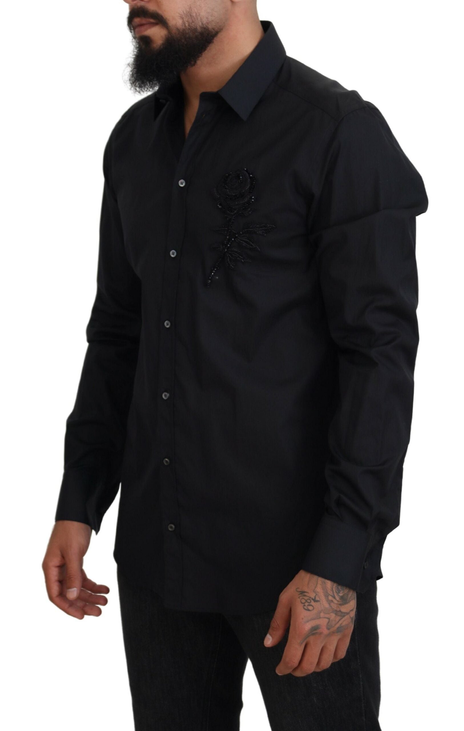 Dolce & Gabbana Black Roses Slim Fit Cotton Shirt | Regal Royce