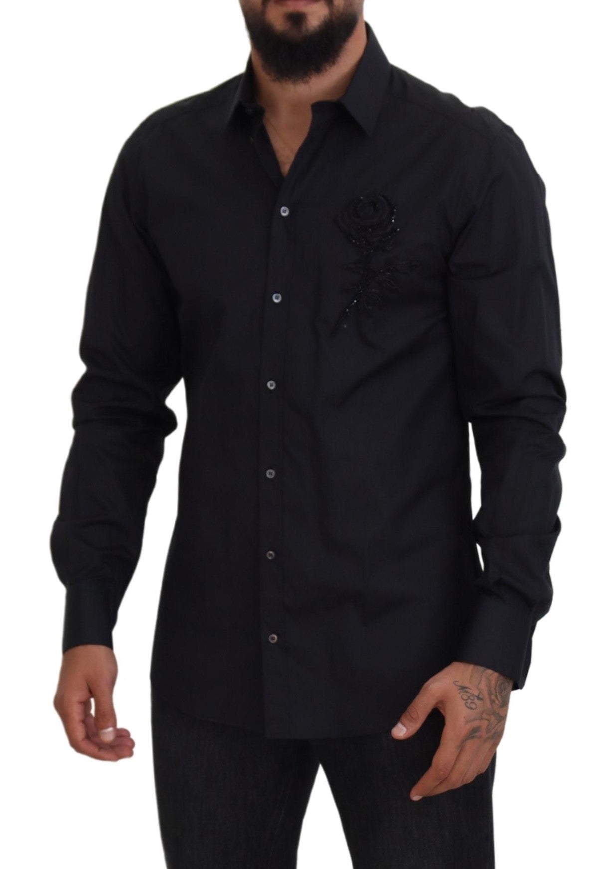 Dolce & Gabbana Black Roses Slim Fit Cotton Shirt | Regal Royce