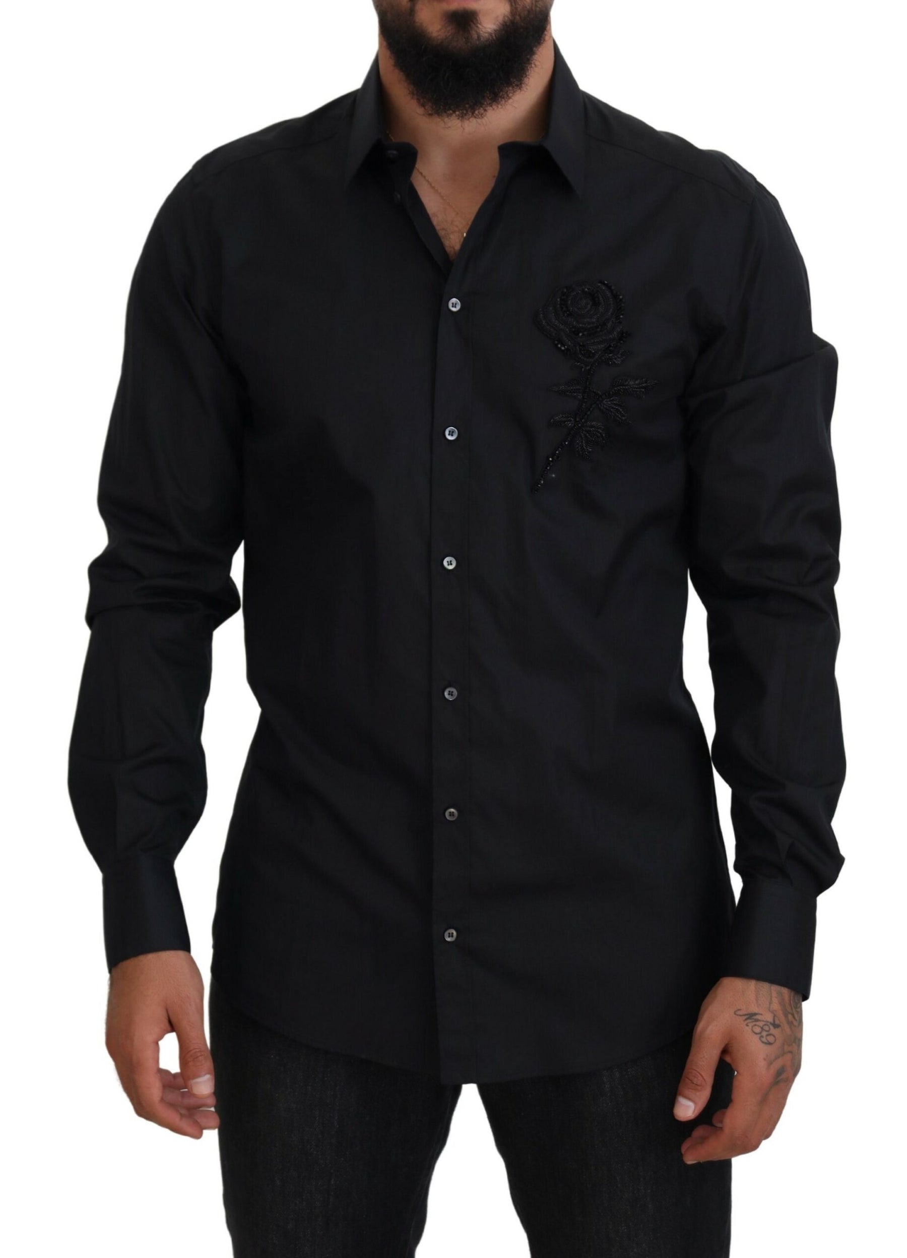 Dolce & Gabbana Black Roses Slim Fit Cotton Shirt | Regal Royce