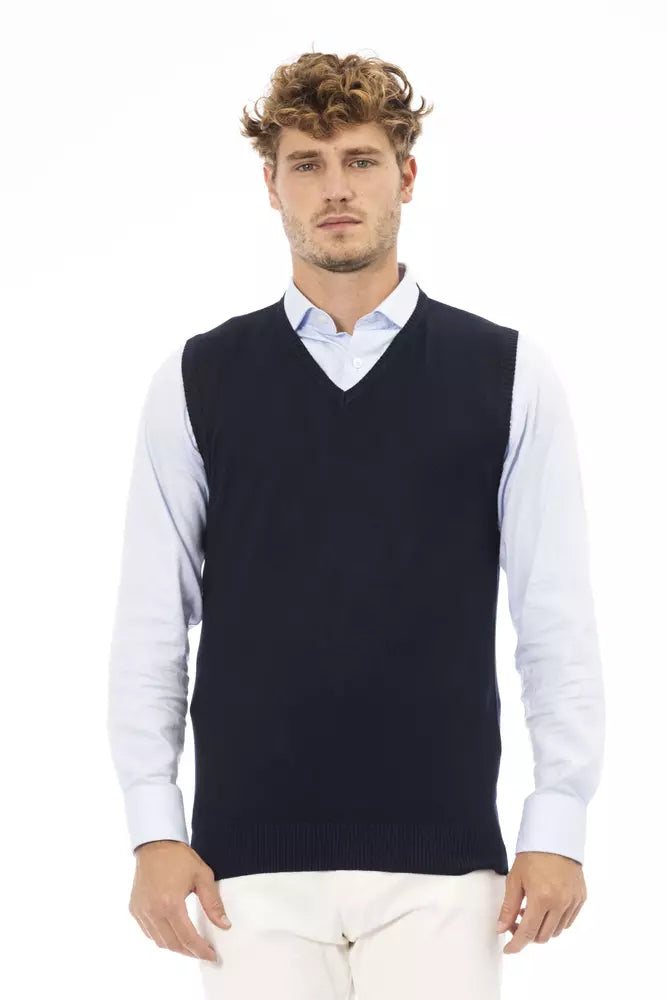 Alpha Studio Blue Viscose Men's V-neck Vest | Regal Royce