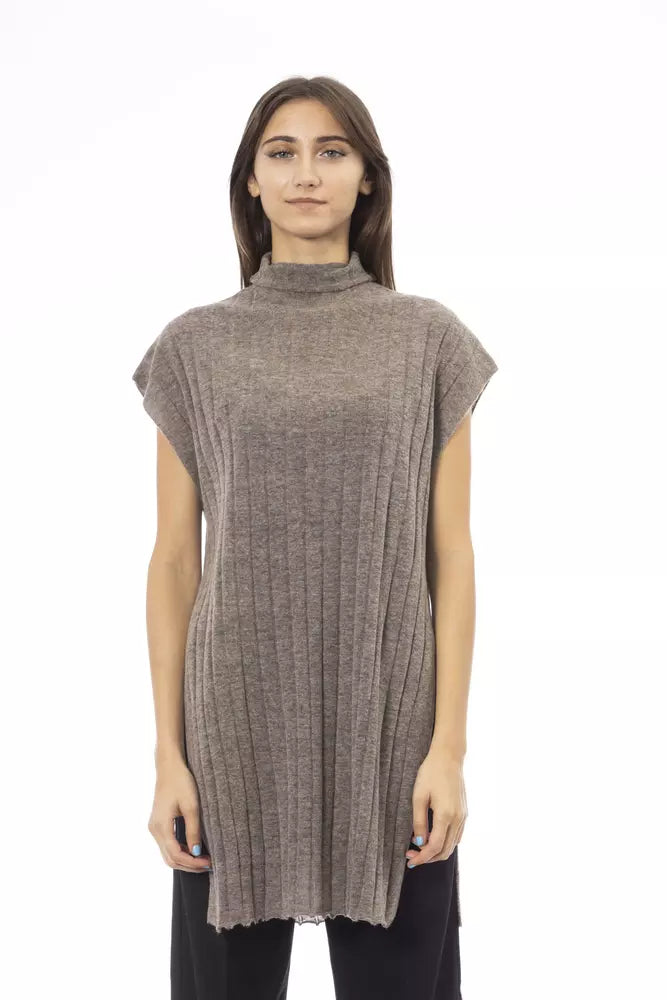 Alpha Studio Brown Wool Women Sweater with Side Slits | Regal Royce
