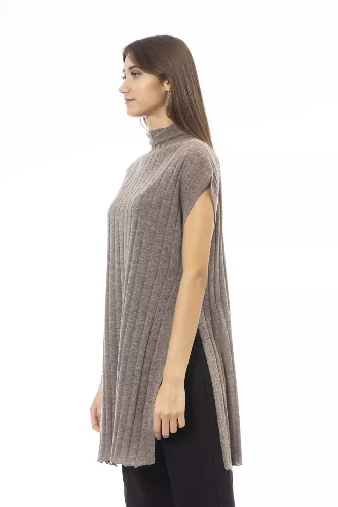 Alpha Studio Brown Wool Women Sweater with Side Slits | Regal Royce