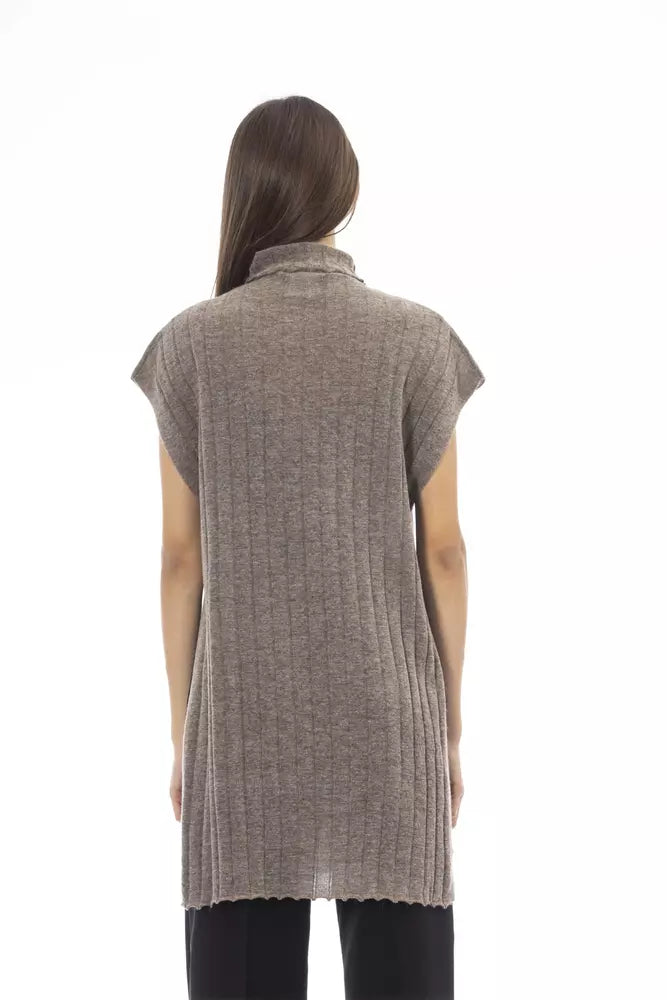 Alpha Studio Brown Wool Women Sweater with Side Slits | Regal Royce