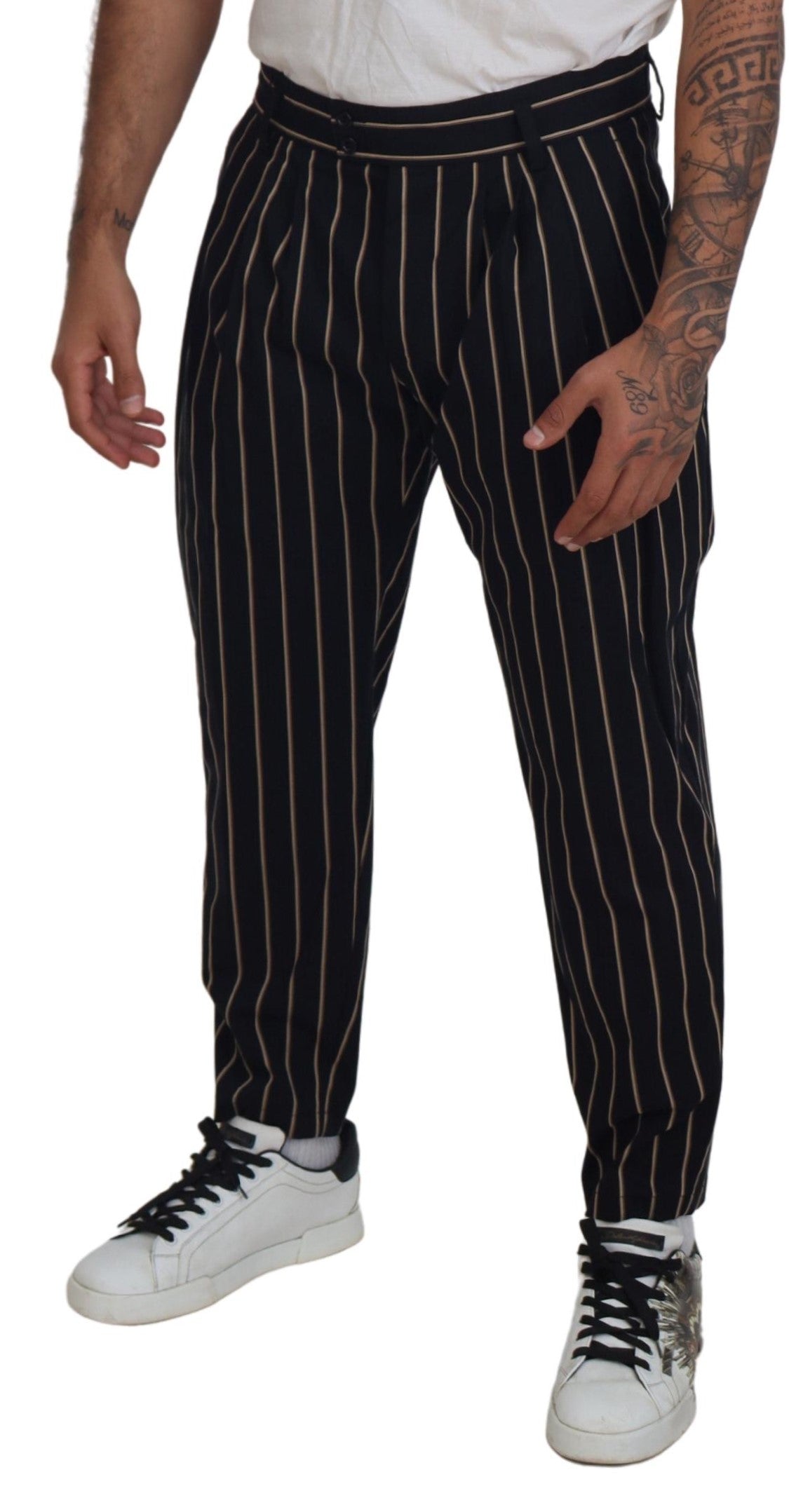 Dolce & Gabbana Black Beige Striped Cotton Stretch Pants | Regal Royce