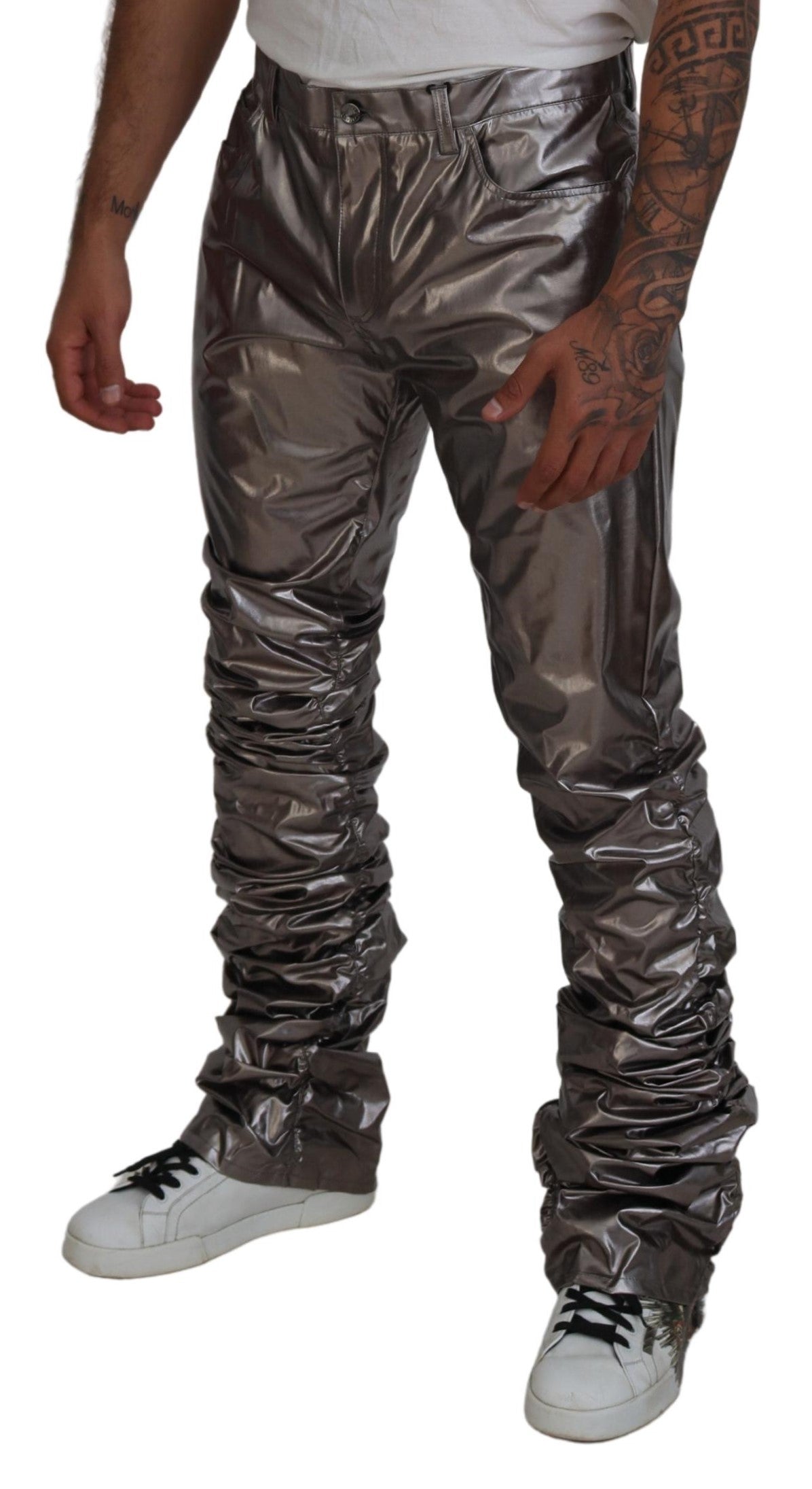 Dolce & Gabbana Silver Metallic Nylon Stretch Pants | Regal Royce