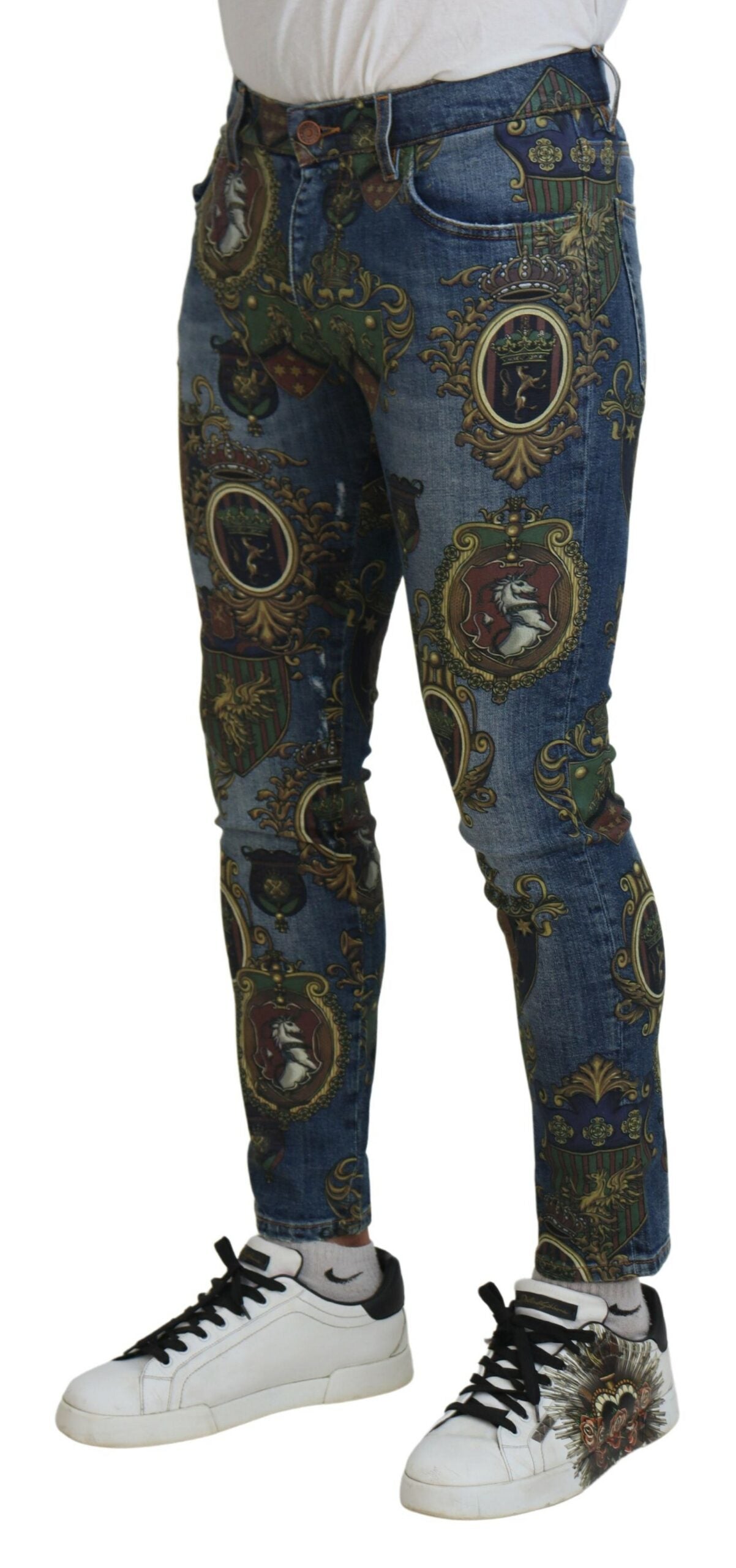 Dolce & Gabbana Blue Medal Print Slim Fit Cotton Jeans | Regal Royce