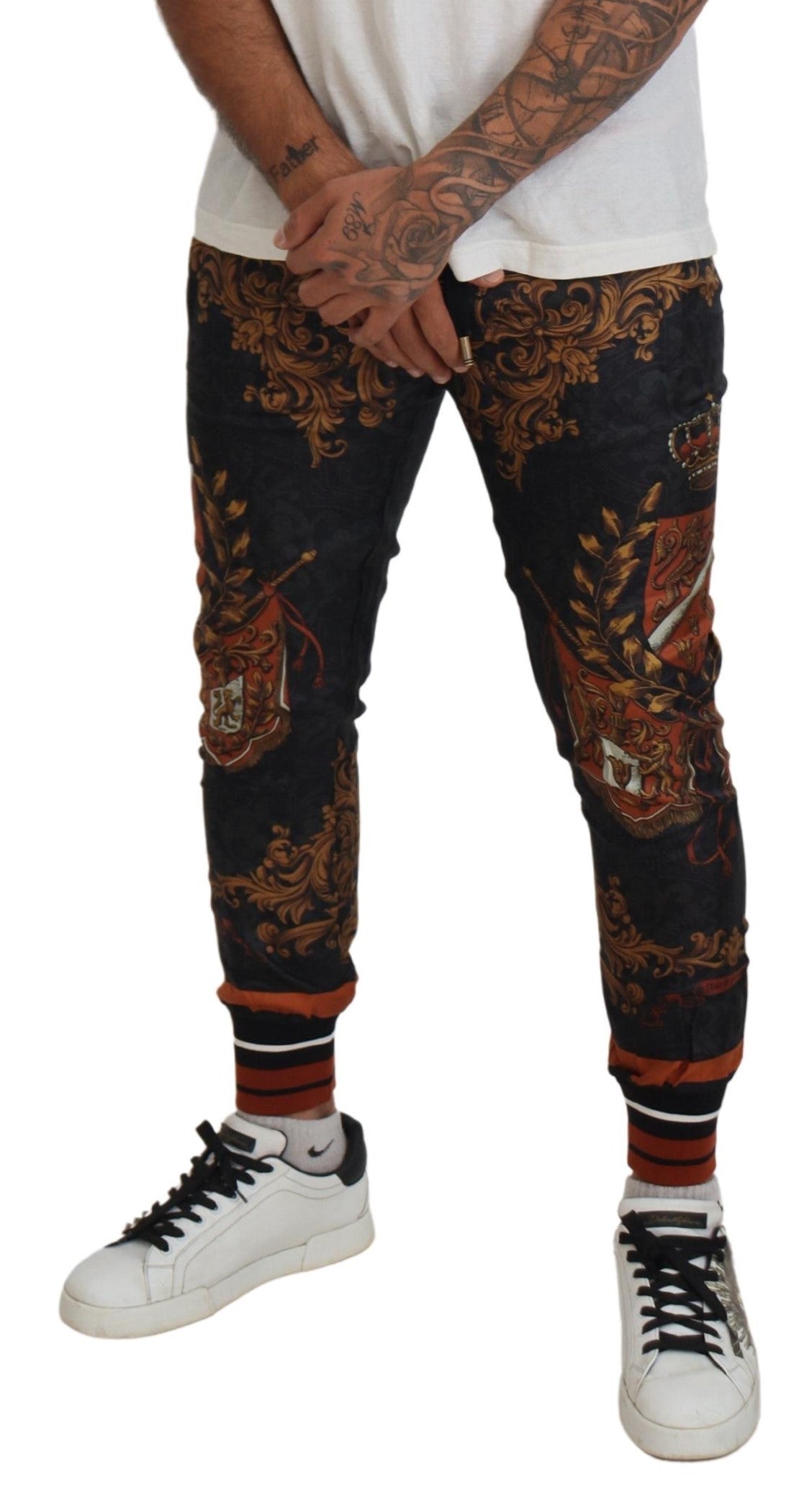 Dolce & Gabbana Gray Silk Baroque Crown Trousers Sport Pants | Regal Royce