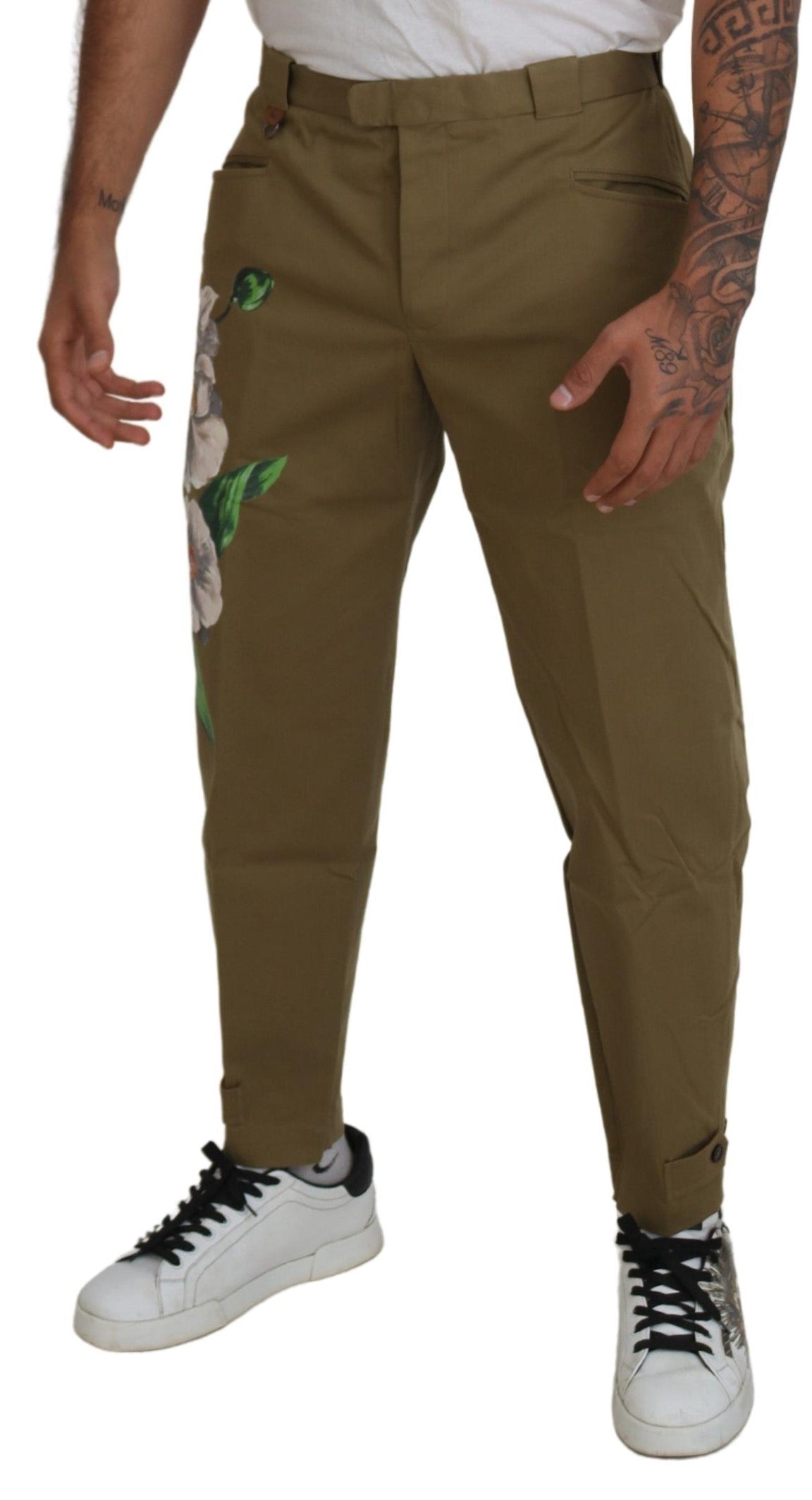 Dolce & Gabbana Beige Cotton Stretch Floral Chinos Pants | Regal Royce