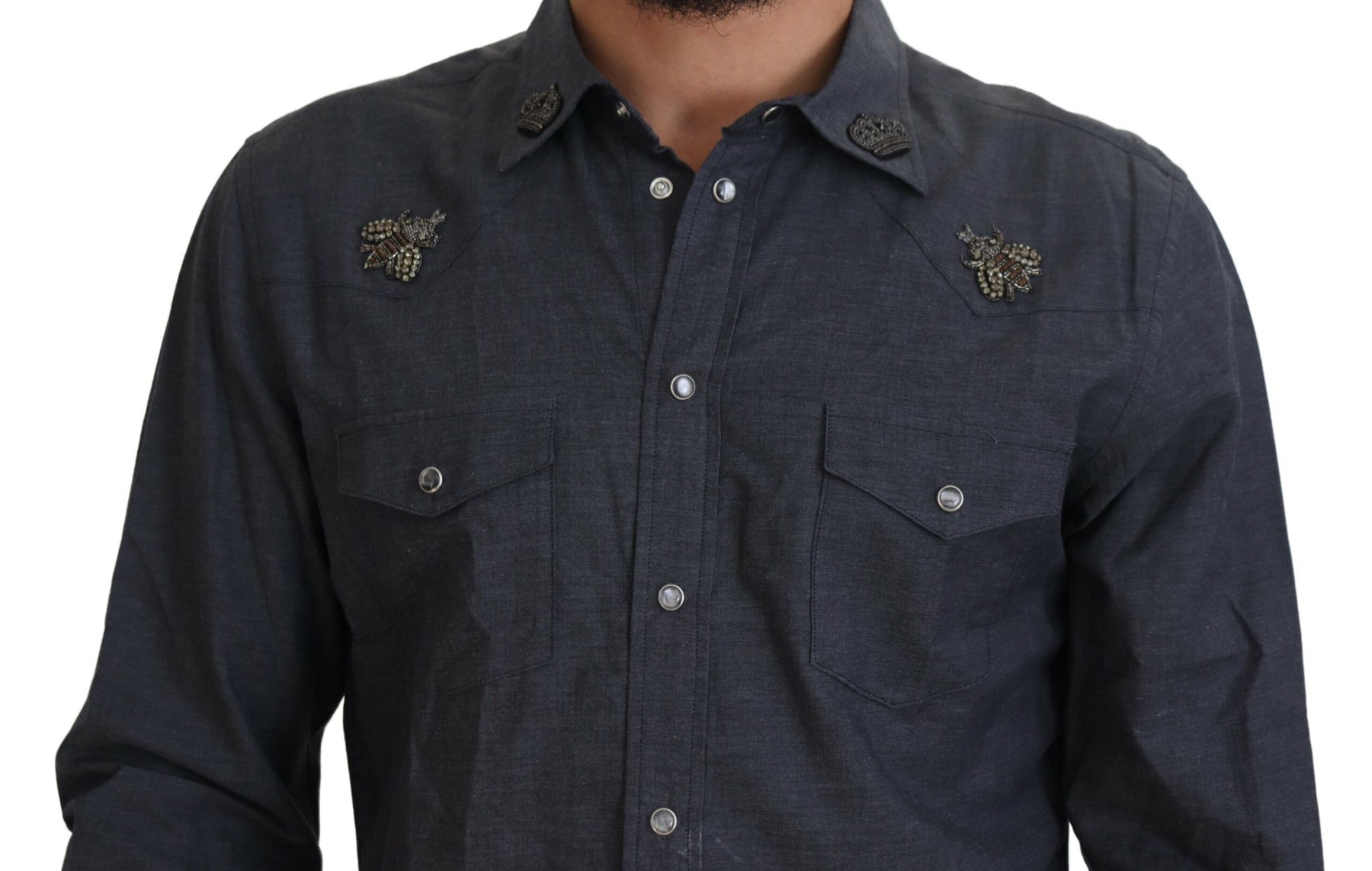 Dolce & Gabbana Blue Cotton Denim Crystal Bee Shirt | Regal Royce
