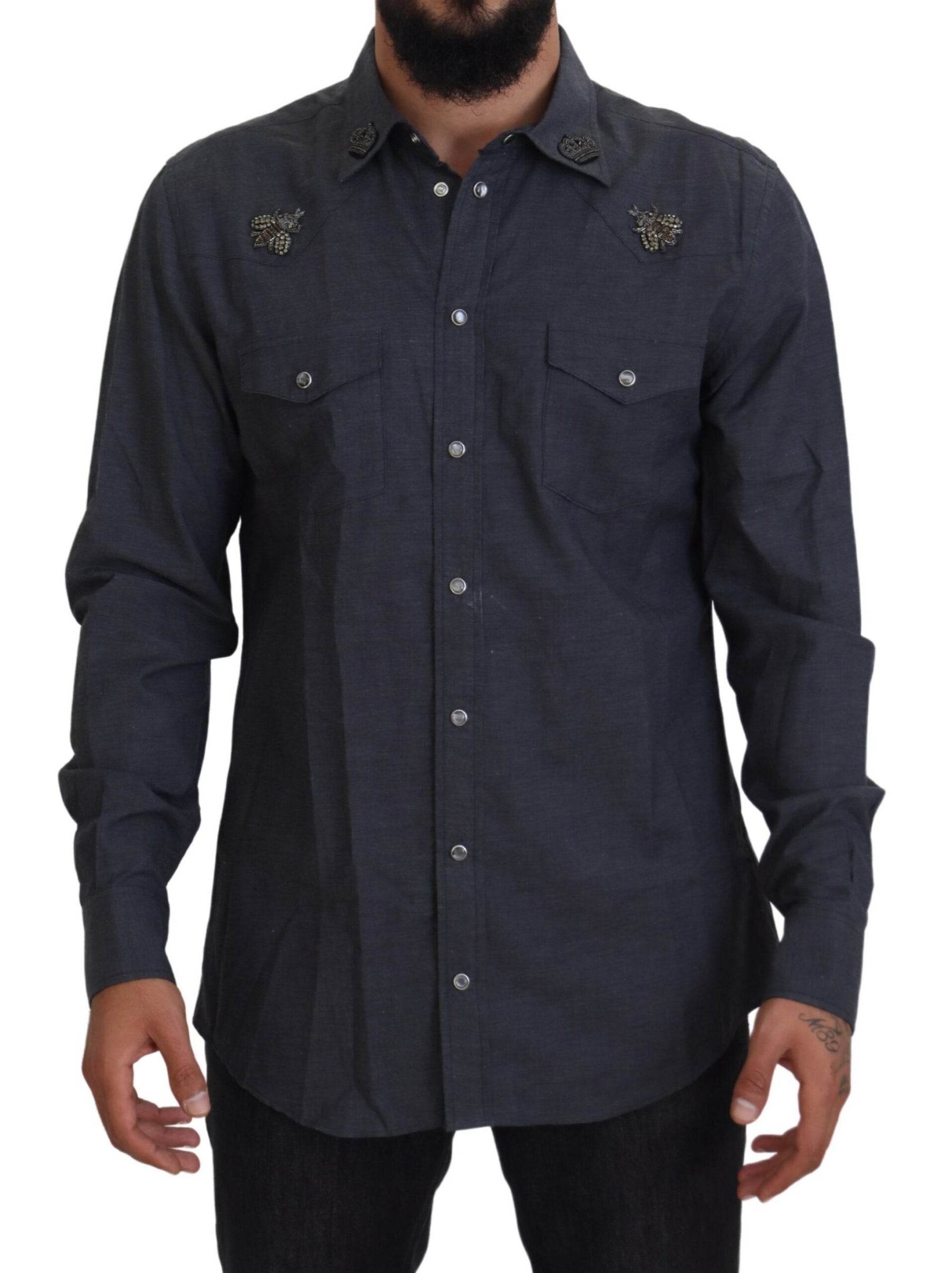 Dolce & Gabbana Blue Cotton Denim Crystal Bee Shirt | Regal Royce
