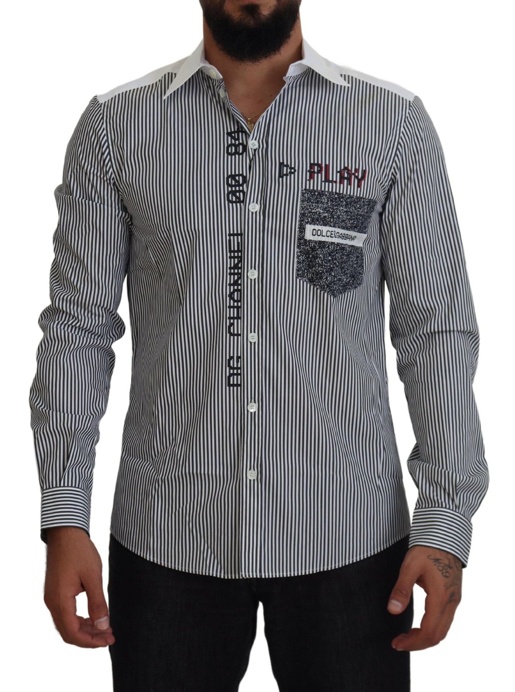 Dolce & Gabbana Gray White Striped Slim Fit Shirt | Regal Royce
