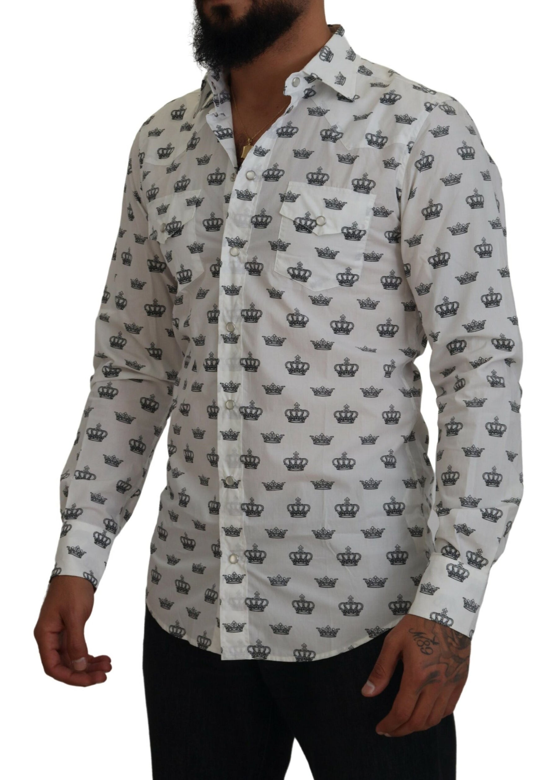Dolce & Gabbana White Crown Print Slim Fit Cotton Shirt | Regal Royce