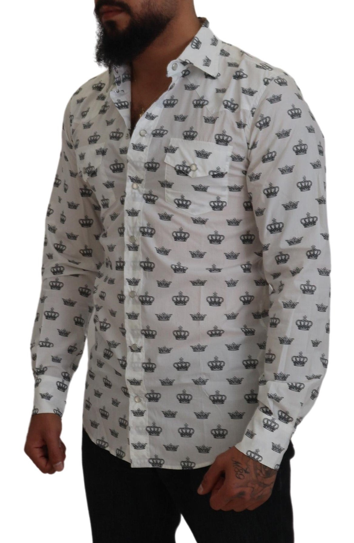Dolce & Gabbana White Crown Print Slim Fit Cotton Shirt | Regal Royce