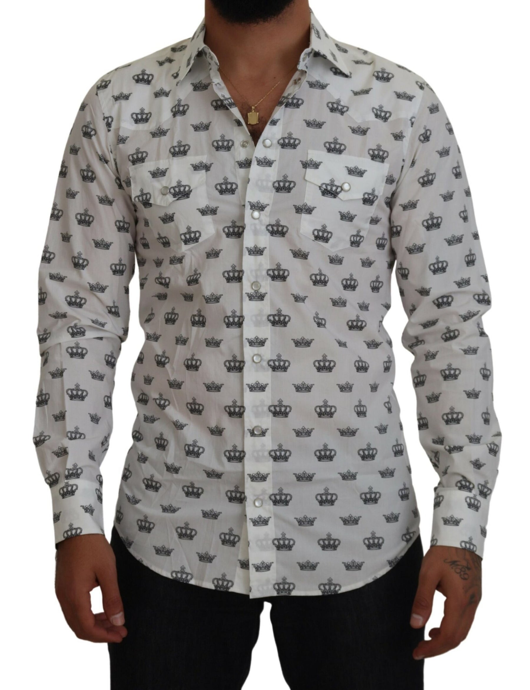 Dolce & Gabbana White Crown Print Slim Fit Cotton Shirt | Regal Royce
