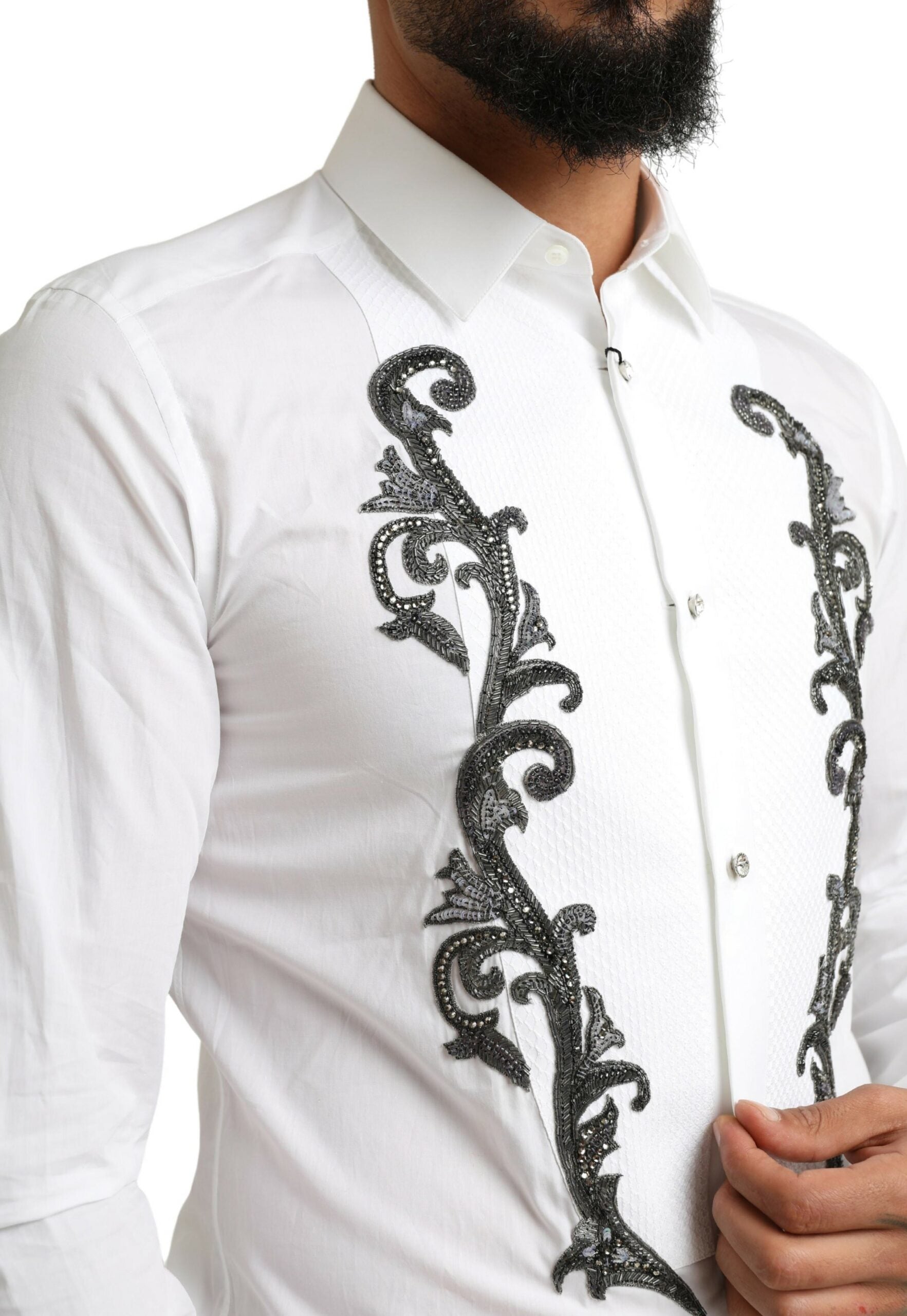 Dolce & Gabbana White Tuxedo Slim Fit Baroque Shirt | Regal Royce