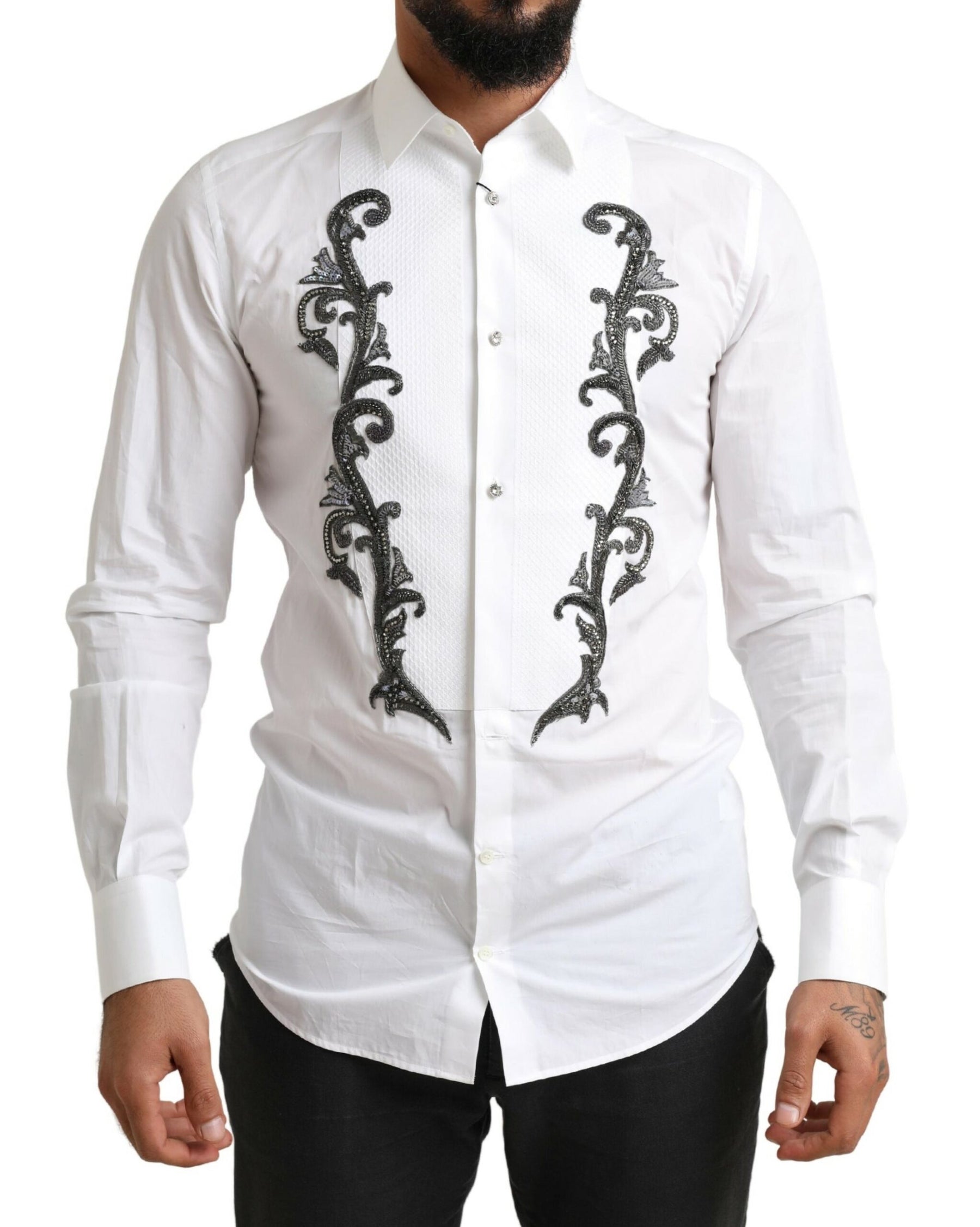Dolce & Gabbana White Tuxedo Slim Fit Baroque Shirt | Regal Royce