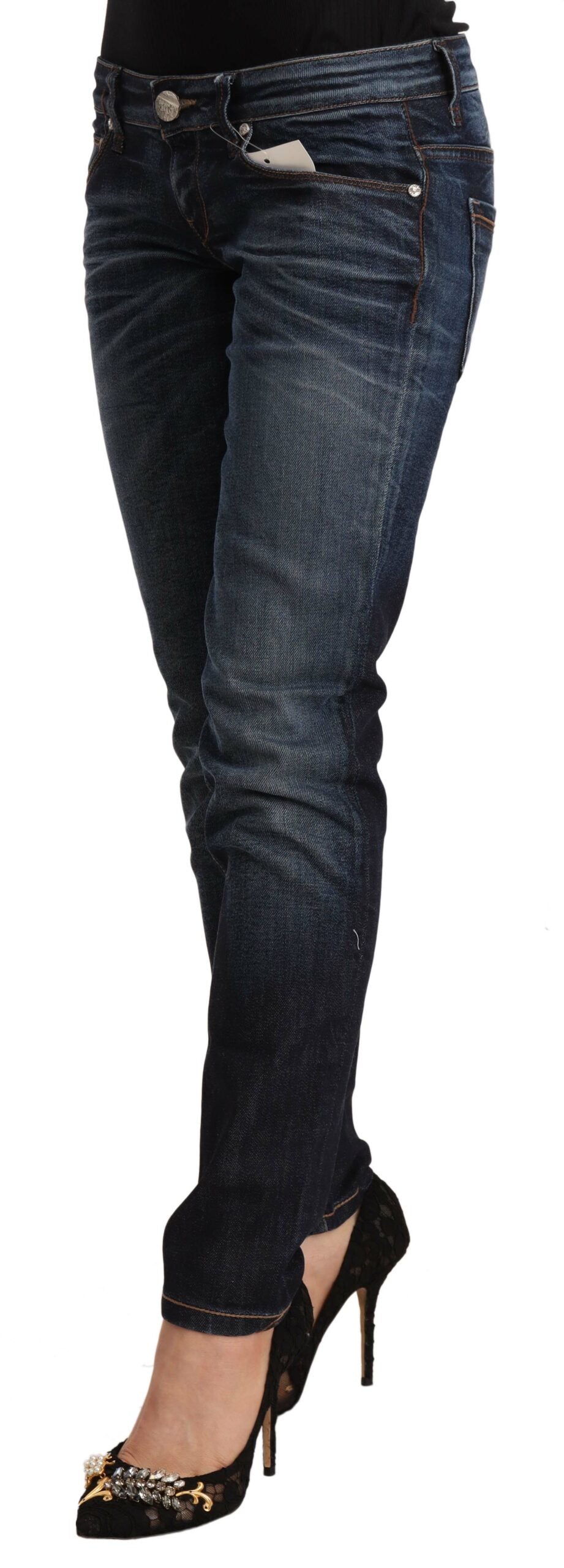 Acht Blue Washed Cotton Low Waist Skinny Denim Jeans | Regal Royce