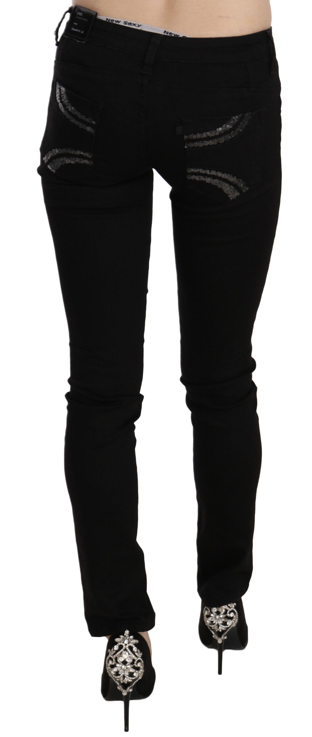 Costume National Black Sequined Mid Waist Slim Fit Denim Jeans | Regal Royce