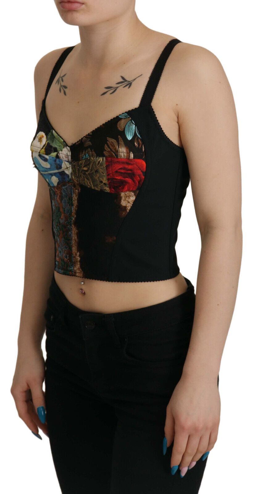 Dolce & Gabbana Black Patchwork Sicily Blouse Corset Cropped Top | Regal Royce