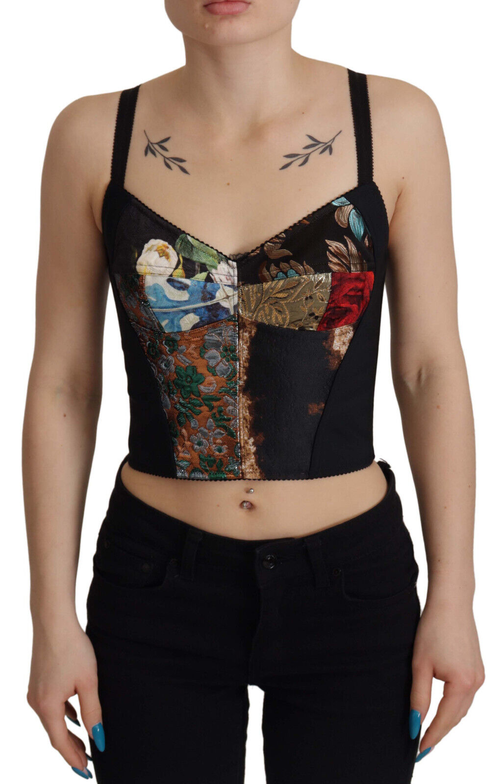 Dolce & Gabbana Black Patchwork Sicily Blouse Corset Cropped Top | Regal Royce