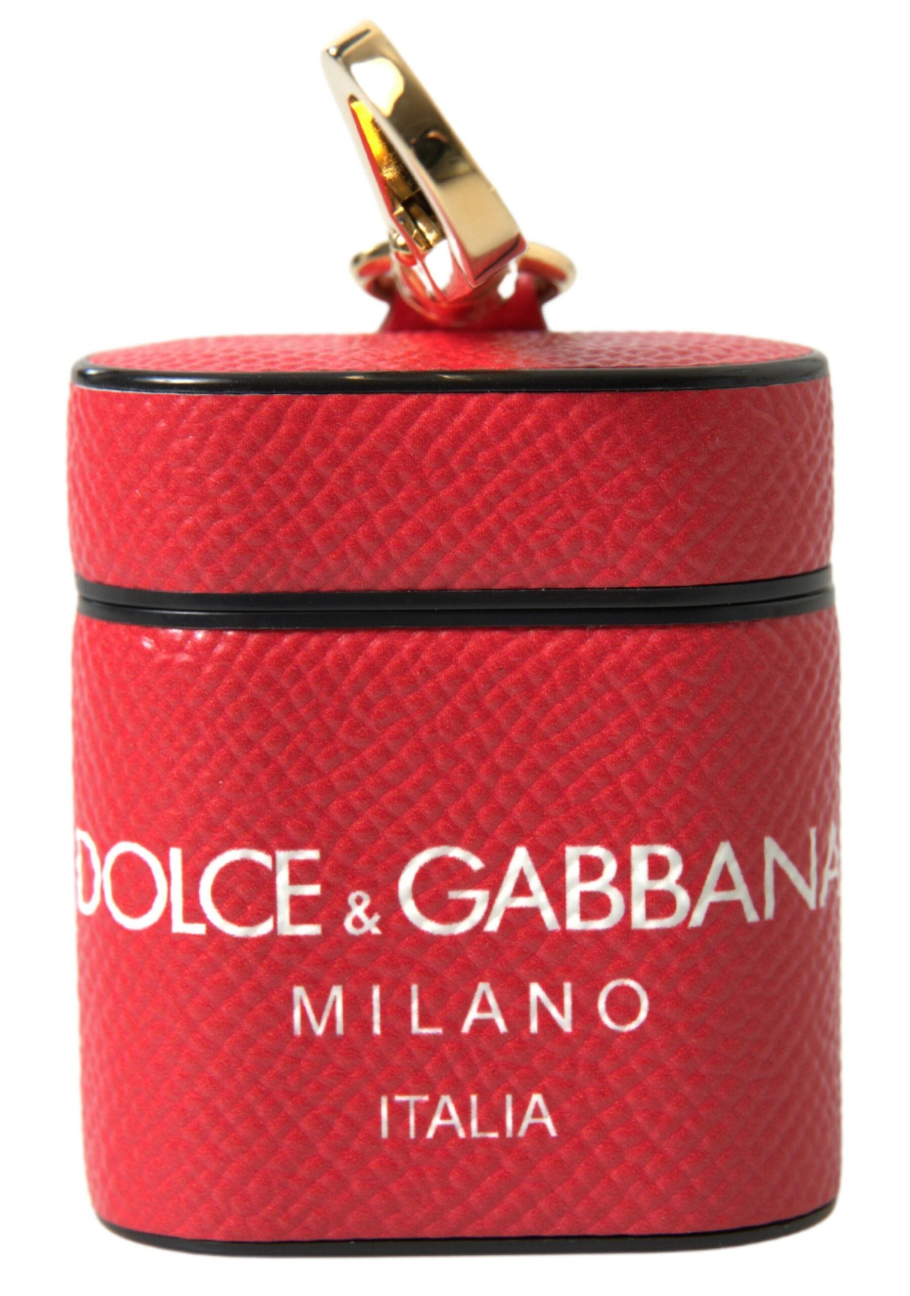 Dolce & Gabbana Red Leather Gold Tone Metal Logo Print Airpods Case | Regal Royce