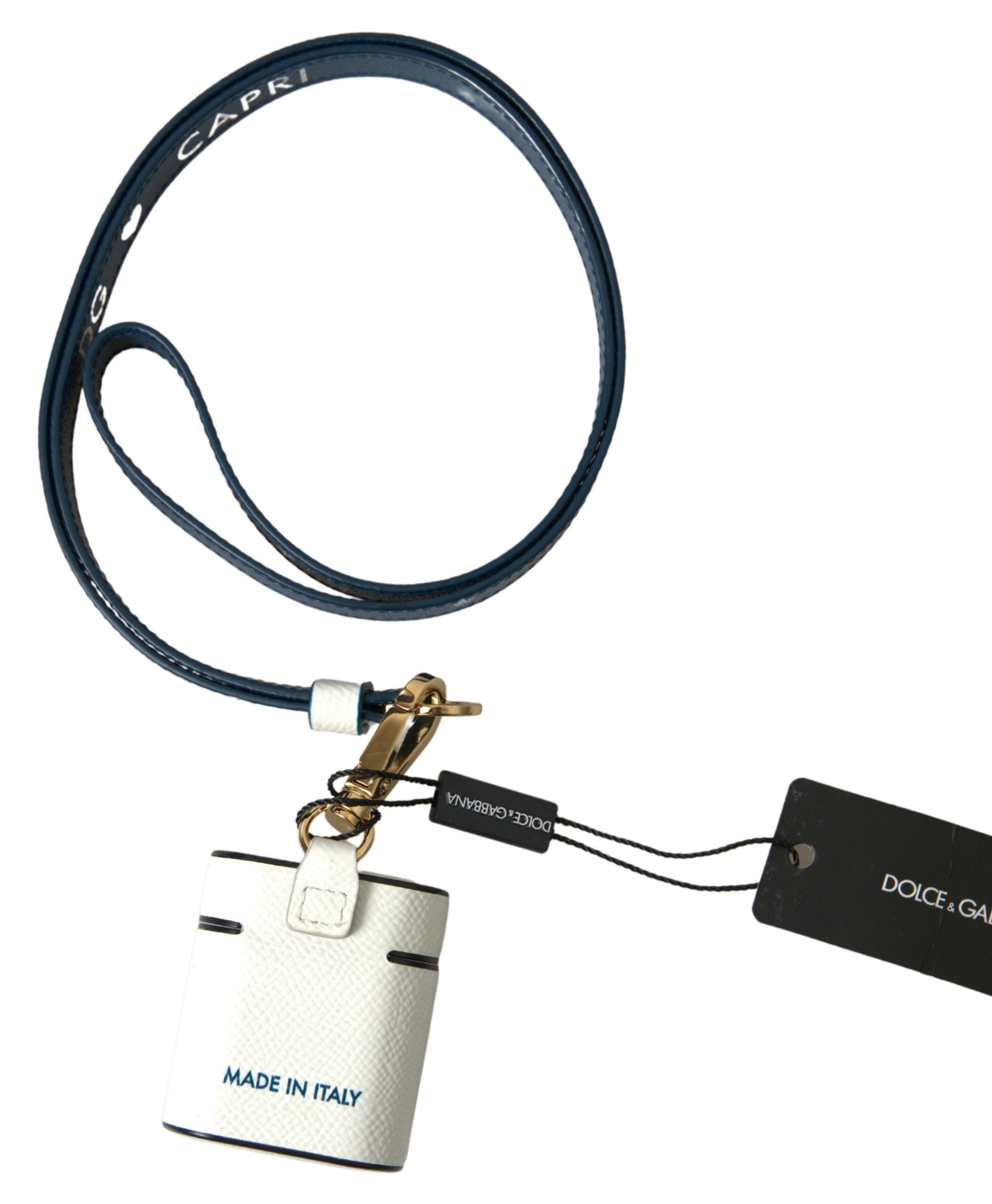 Dolce & Gabbana White Blue Calf Leather Logo Print Strap Airpods Case | Regal Royce