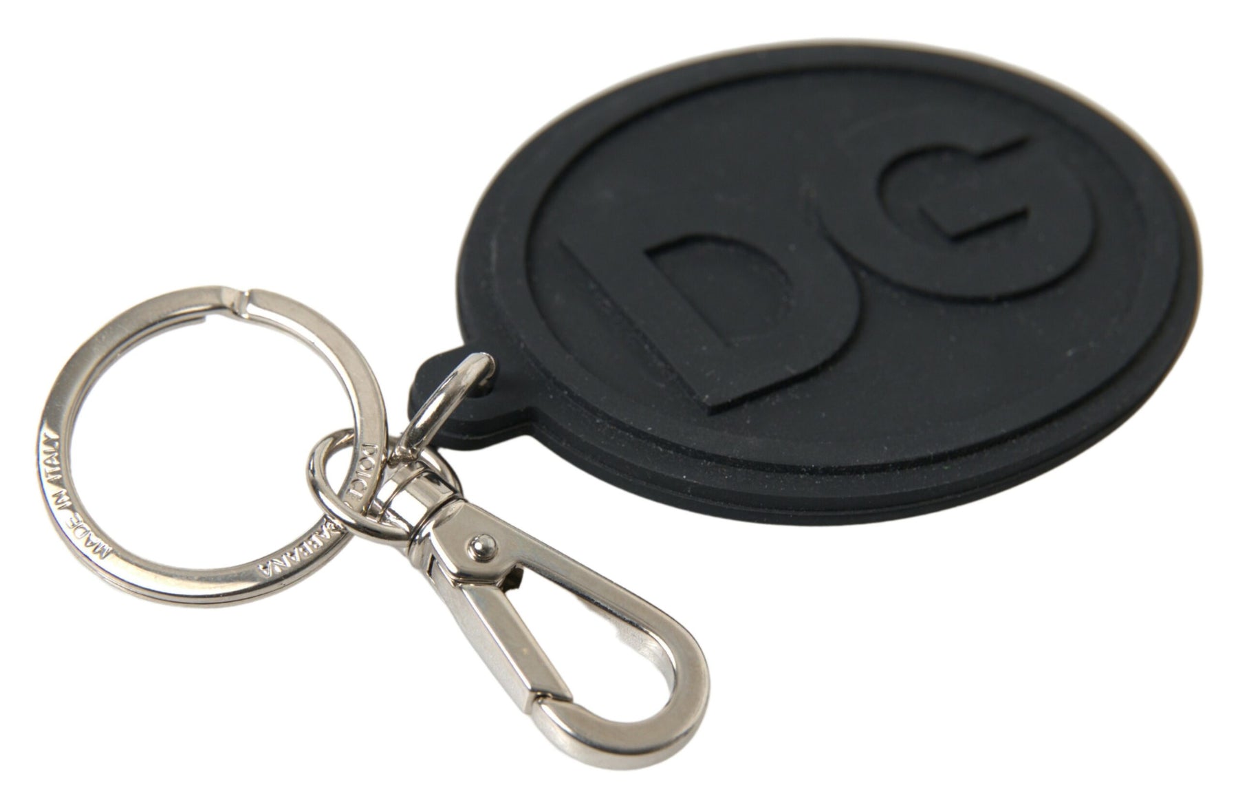 Dolce & Gabbana Black Rubber DG Logo Silver Brass Metal Keychain | Regal Royce