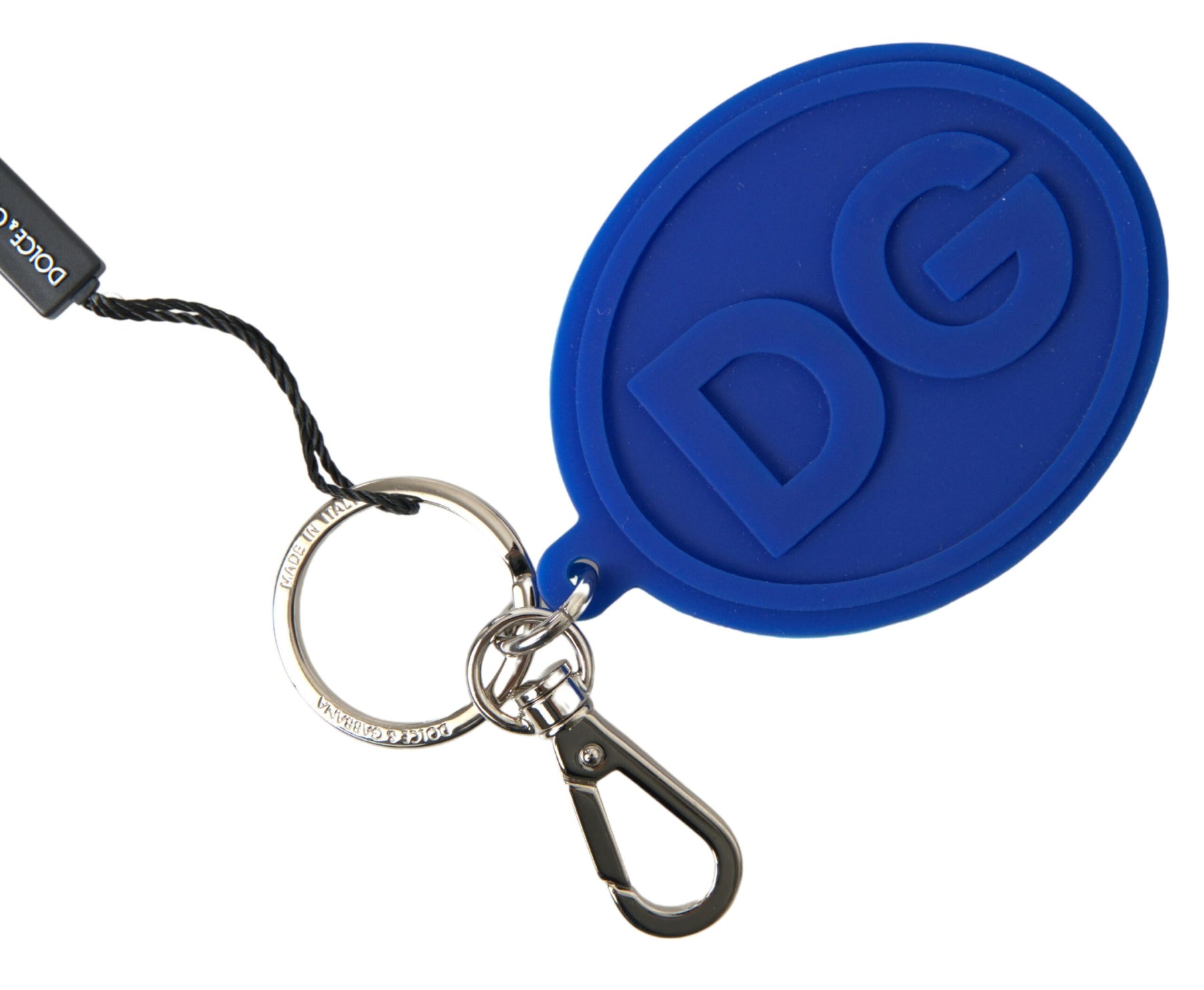 Dolce & Gabbana Blue Rubber DG Logo Silver Brass Metal Keyring Keychain | Regal Royce