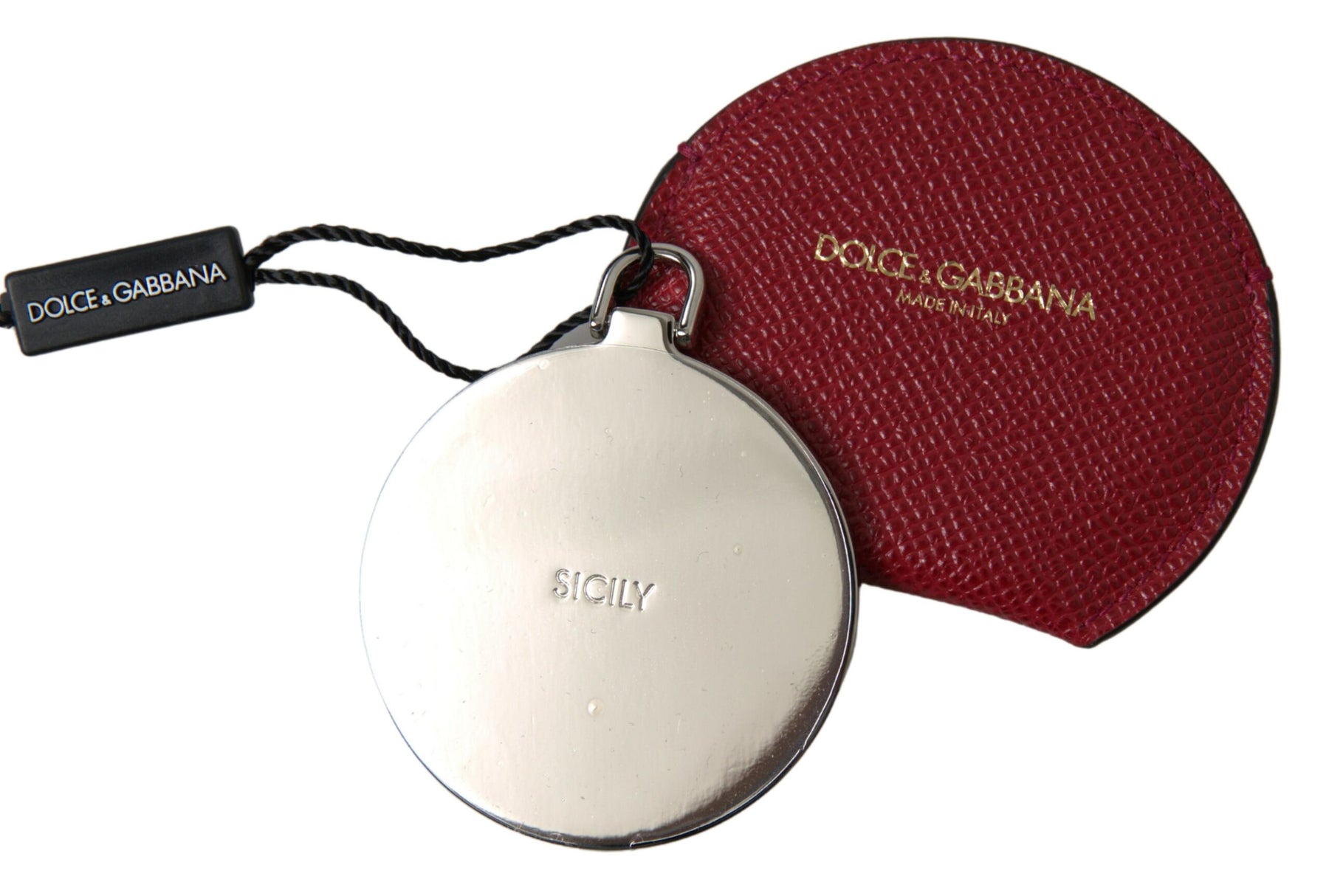 Dolce & Gabbana Red Calfskin Leather Round Hand Mirror Holder | Regal Royce