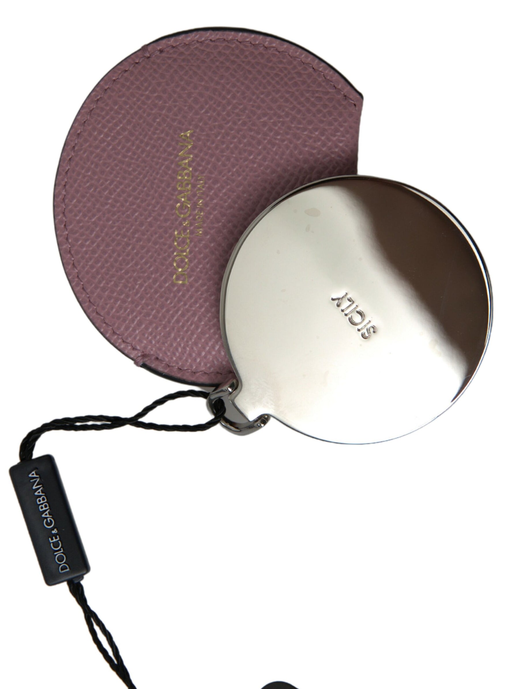 Dolce & Gabbana Pink Calfskin Leather Round Logo Print Hand Mirror Holder | Regal Royce