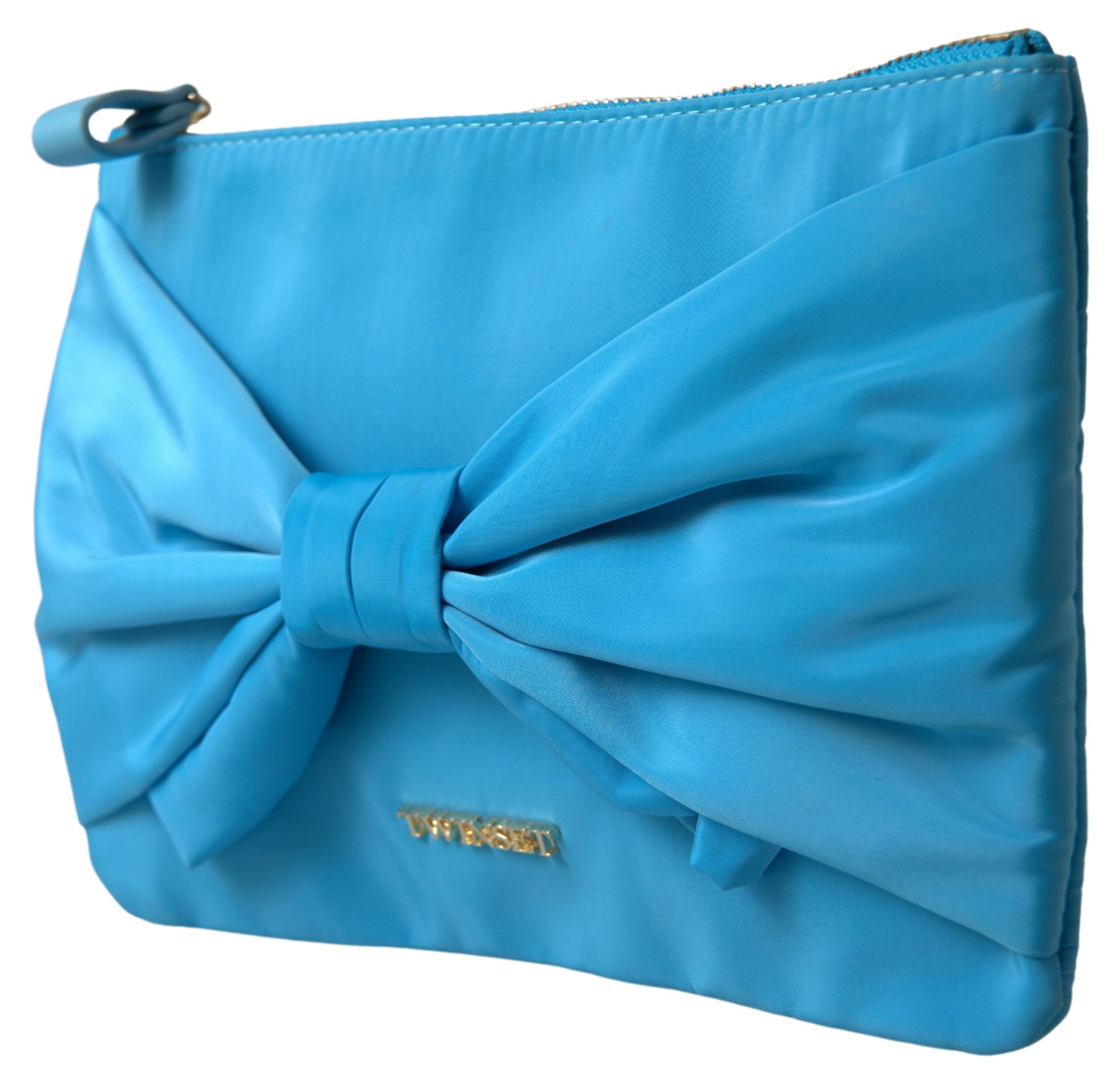 Twinset Blue Tafta Silk Large Bow Zipper Clutch Women Borse Logo Bag | Regal Royce