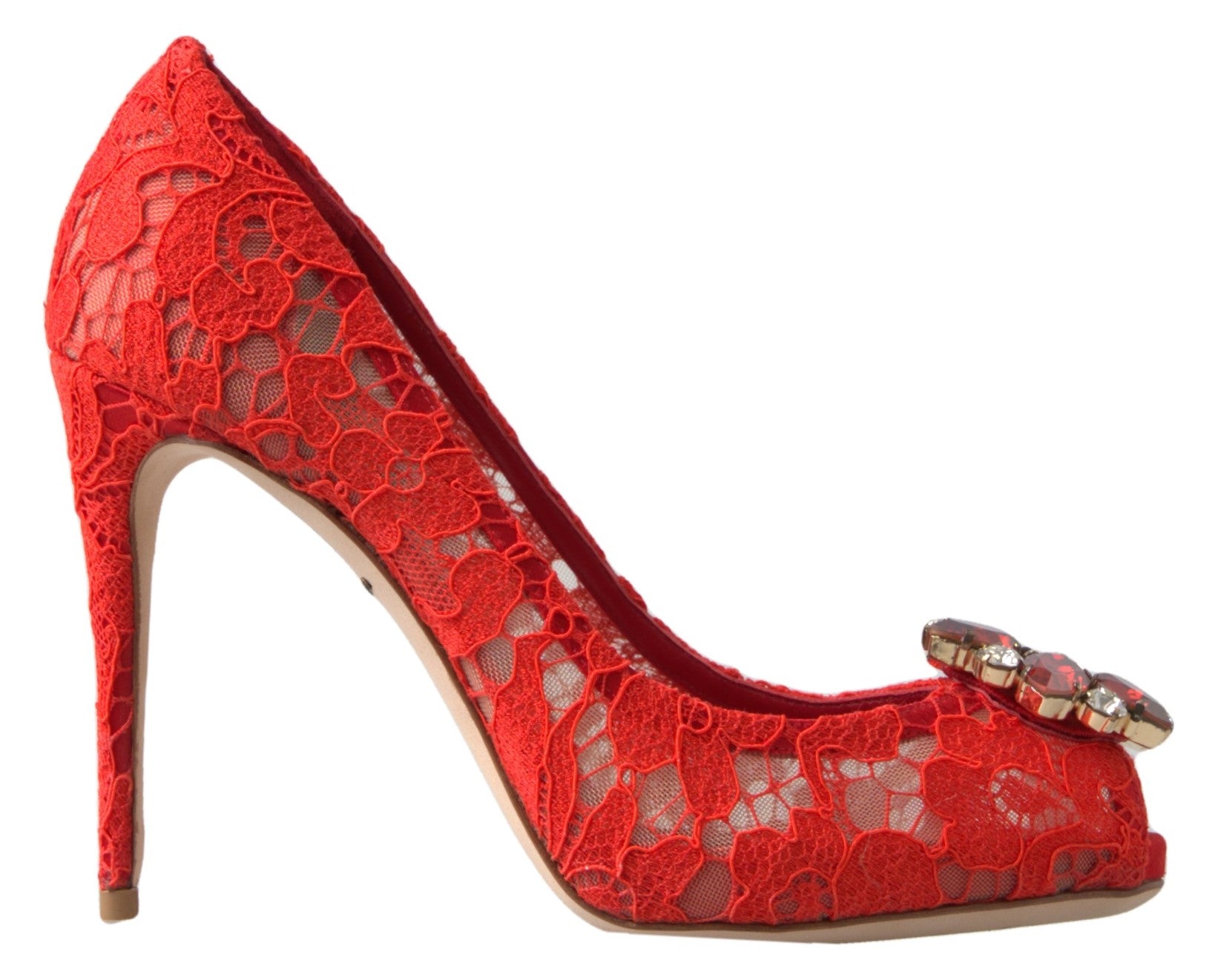 Dolce & Gabbana Red Taormina Lace Crystal Heels Pumps Shoes | Regal Royce