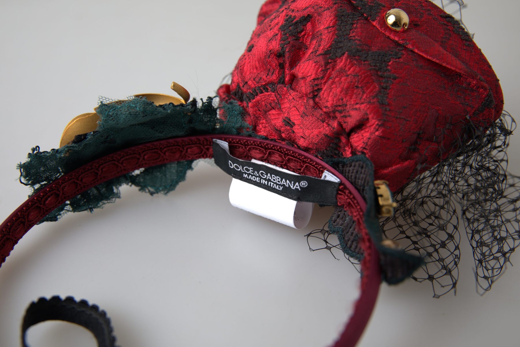 Dolce & Gabbana Red with multicolor Rose Silk Crystal Netted Logo Diadem Headband | Regal Royce