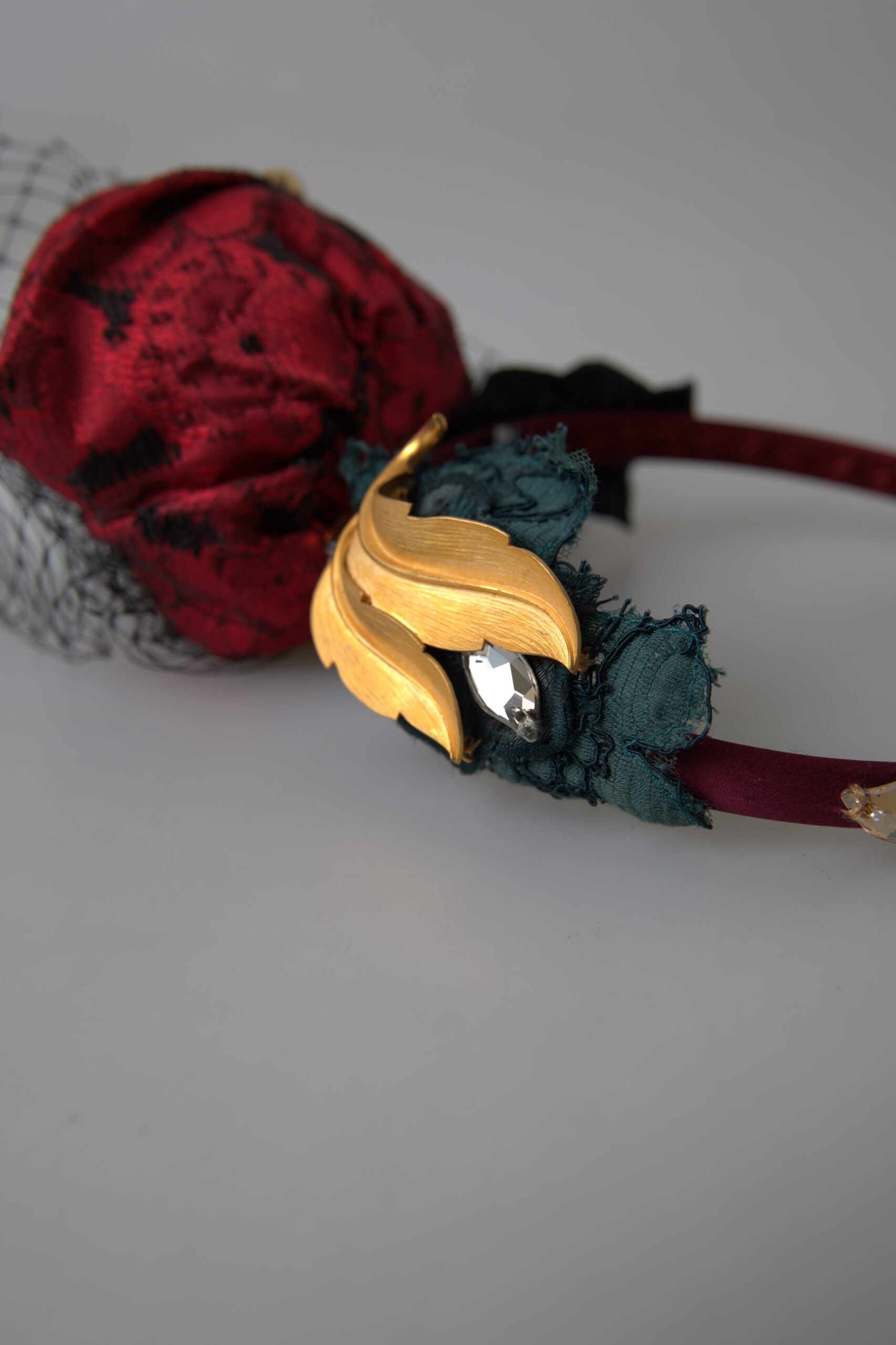 Dolce & Gabbana Red with multicolor Rose Silk Crystal Netted Logo Diadem Headband | Regal Royce