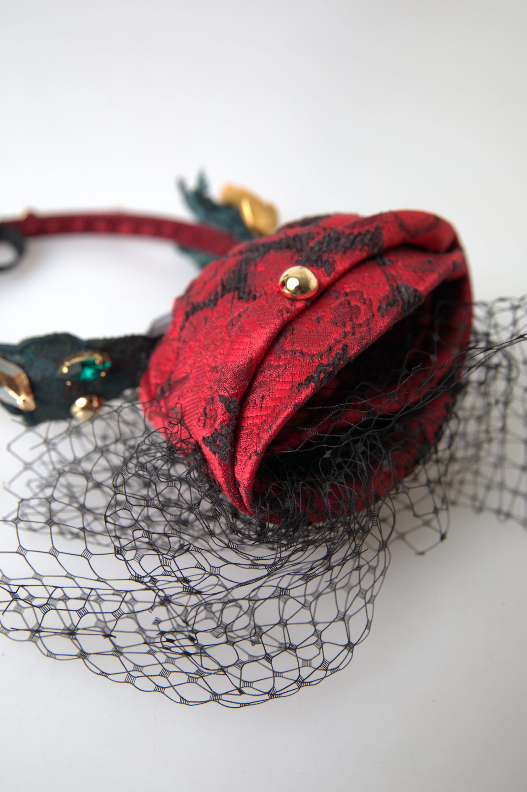 Dolce & Gabbana Red with multicolor Rose Silk Crystal Netted Logo Diadem Headband | Regal Royce