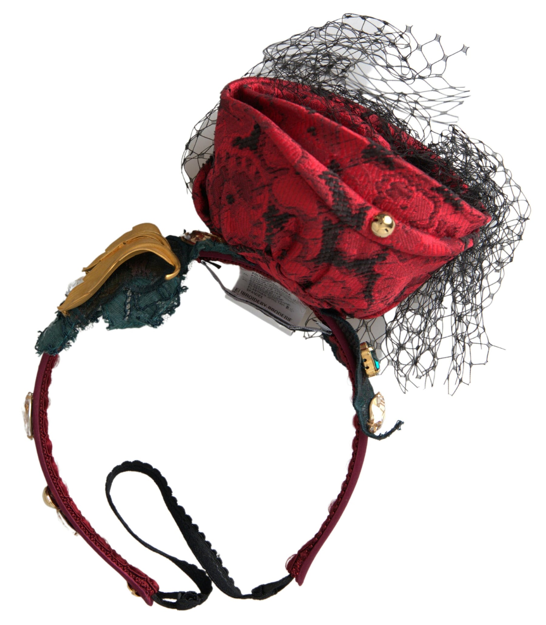 Dolce & Gabbana Red with multicolor Rose Silk Crystal Netted Logo Diadem Headband | Regal Royce