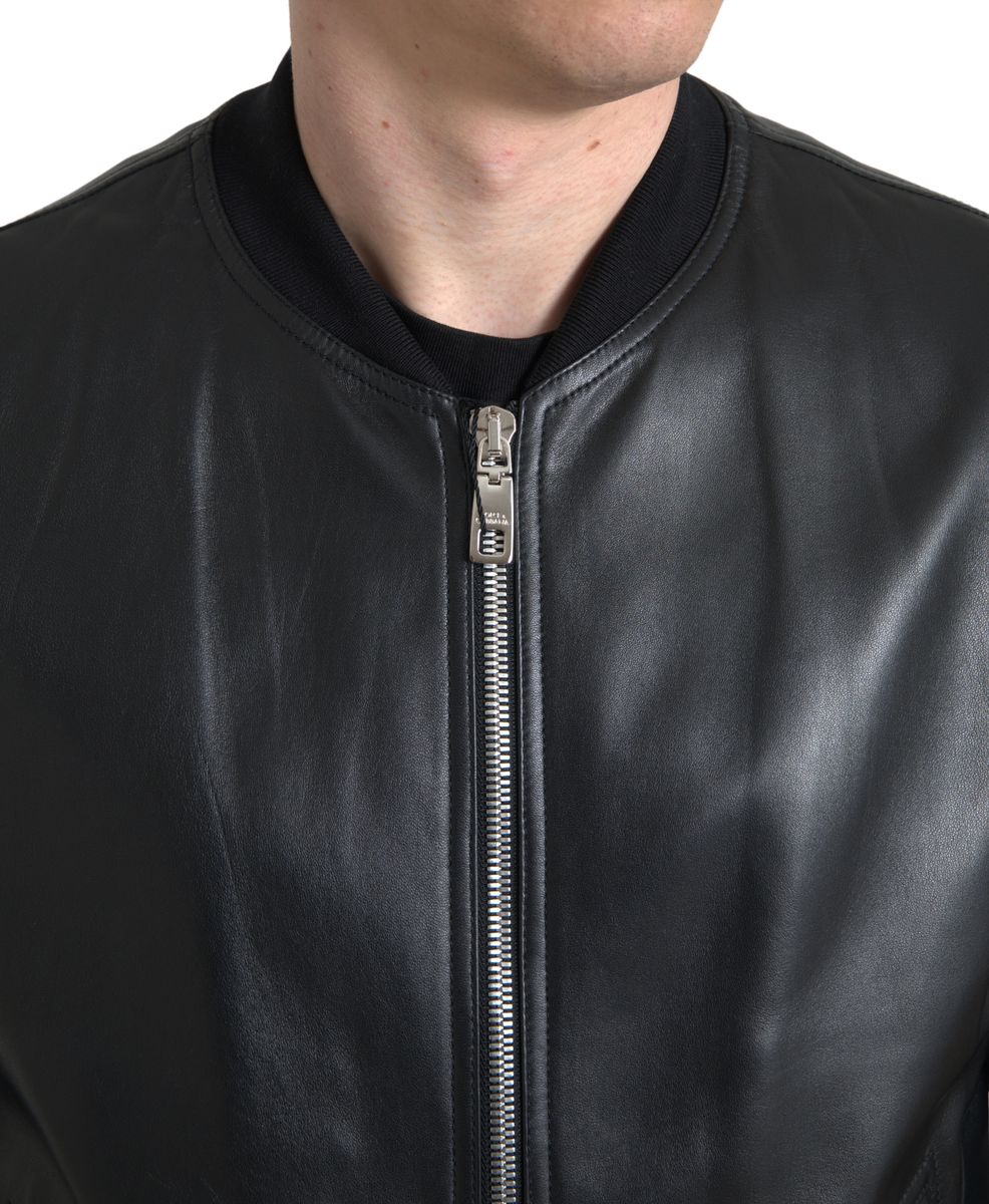 Dolce & Gabbana Black Leather Full Zip Bomber Men Jacket | Regal Royce
