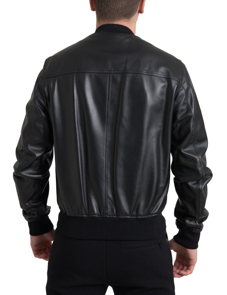 Dolce & Gabbana Black Leather Full Zip Bomber Men Jacket | Regal Royce