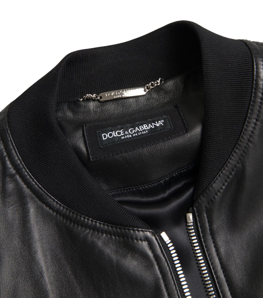 Dolce & Gabbana Black Leather Full Zip Bomber Men Jacket | Regal Royce