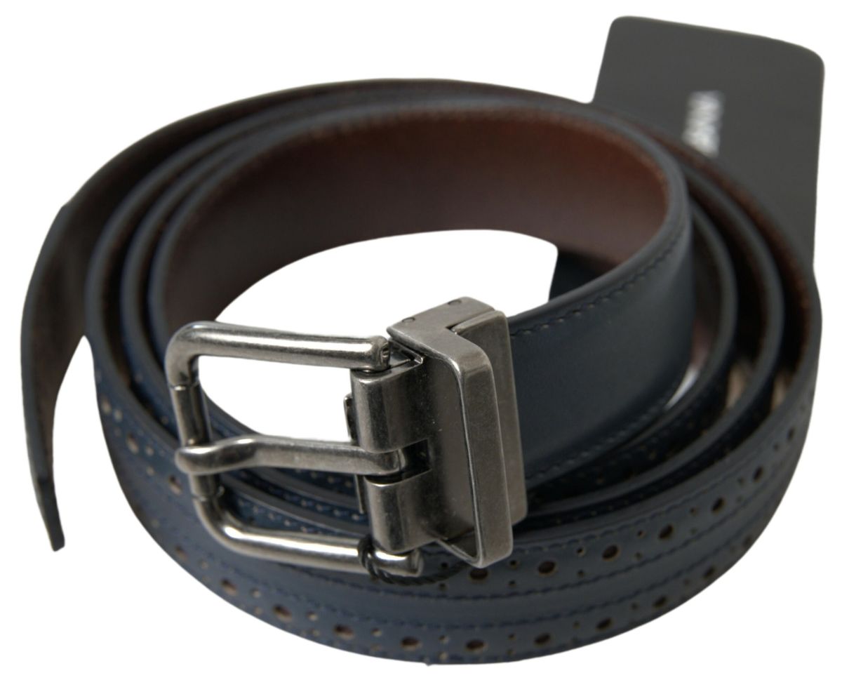 Dolce & Gabbana Blue Leather Perforated Metal Buckle Belt | Regal Royce