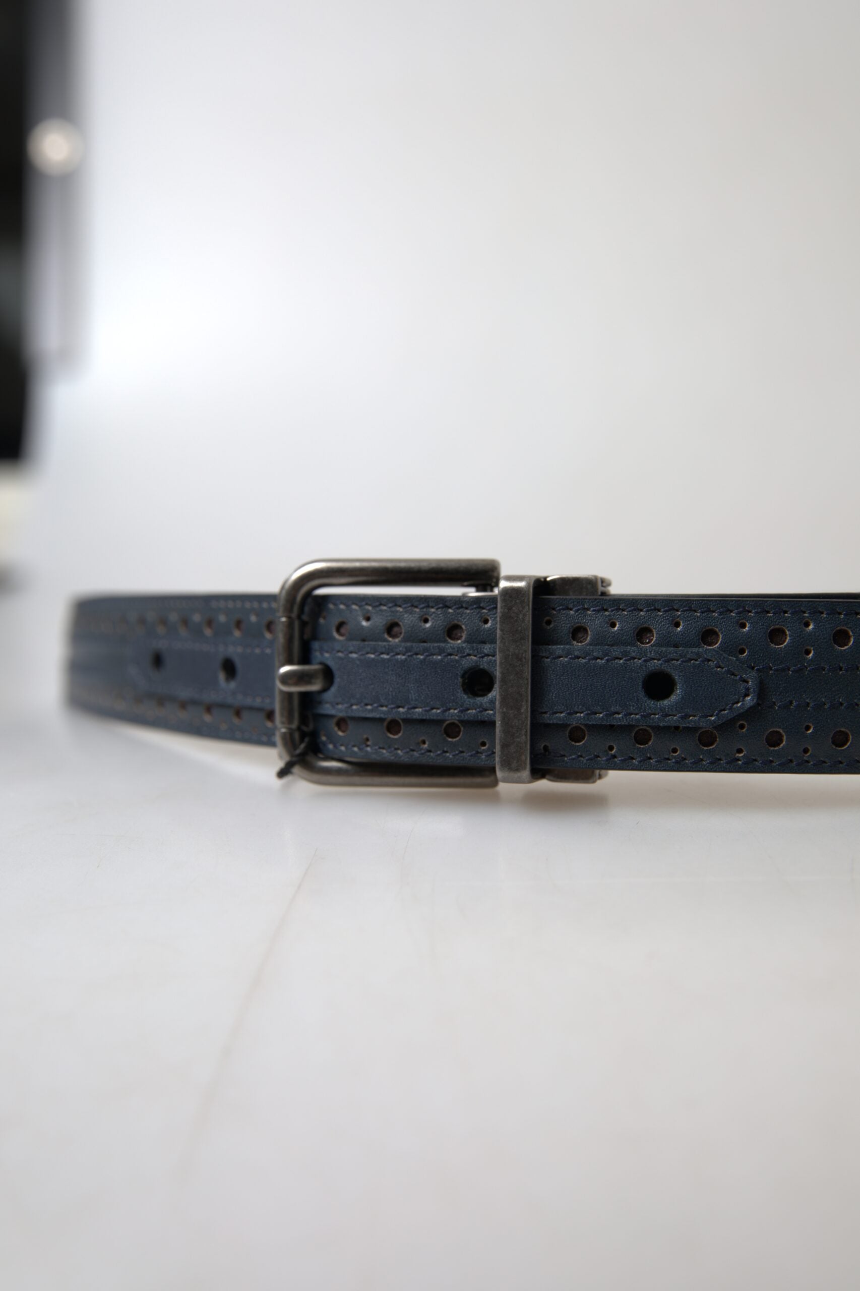 Dolce & Gabbana Blue Leather Perforated Metal Buckle Belt | Regal Royce