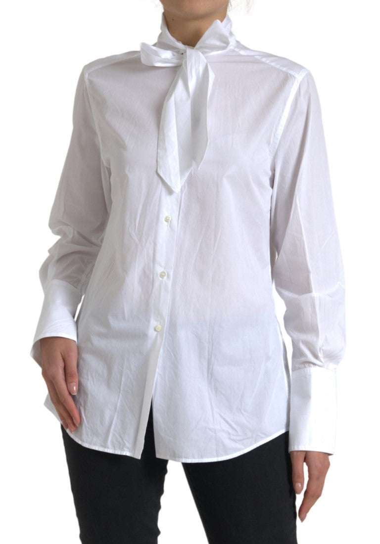 Dolce & Gabbana White Cotton Ascot Collar Long Sleeves Top | Regal Royce