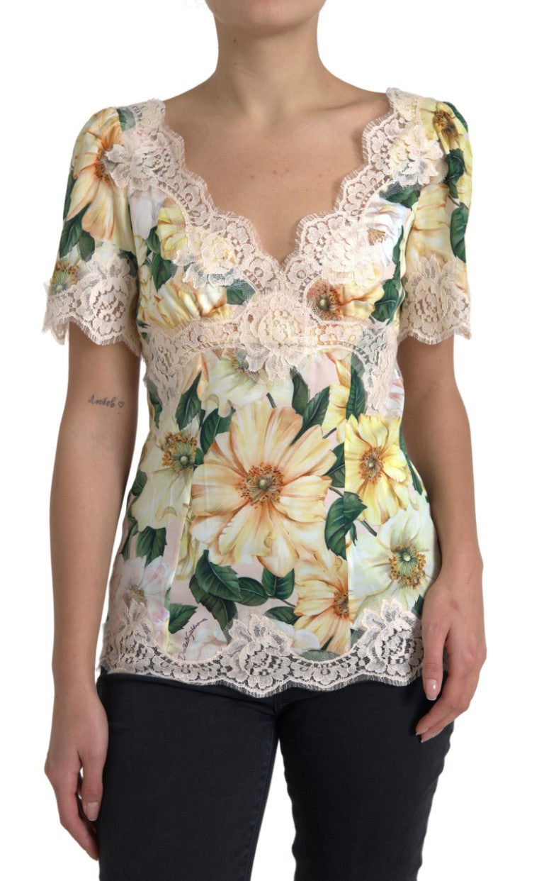 Dolce & Gabbana Multicolor Floral Lace V Neck Blouse | Regal Royce