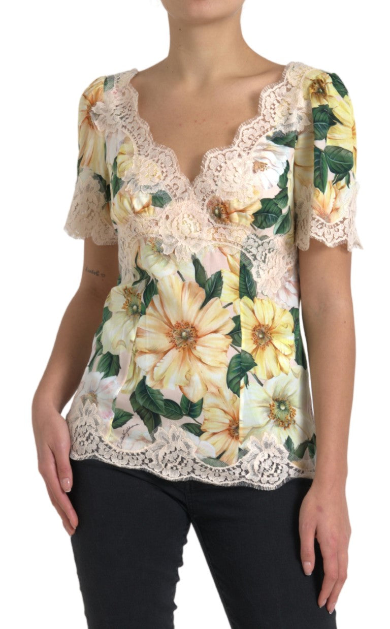 Dolce & Gabbana Multicolor Floral Lace V Neck Blouse | Regal Royce
