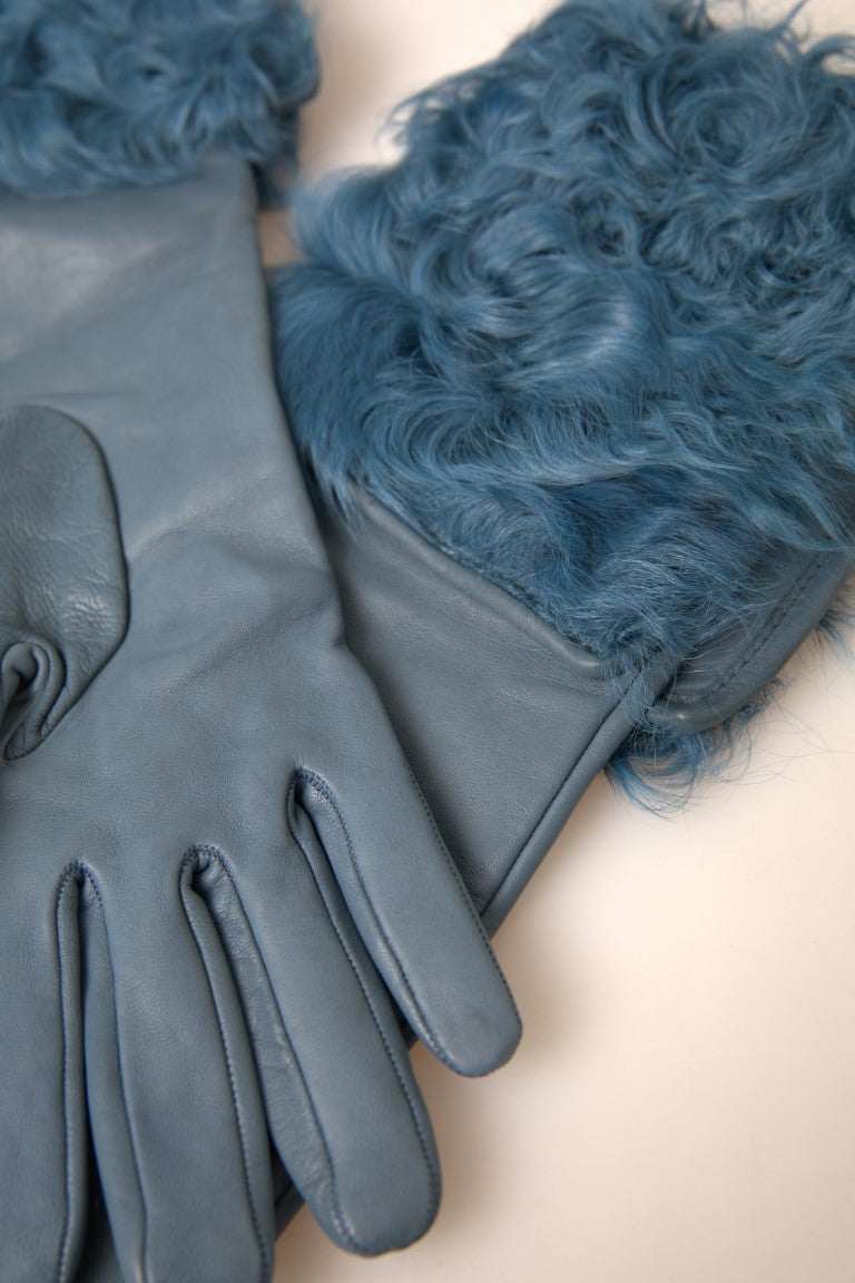 Dolce & Gabbana Blue Leather Fur Mid Arm Length Gloves | Regal Royce