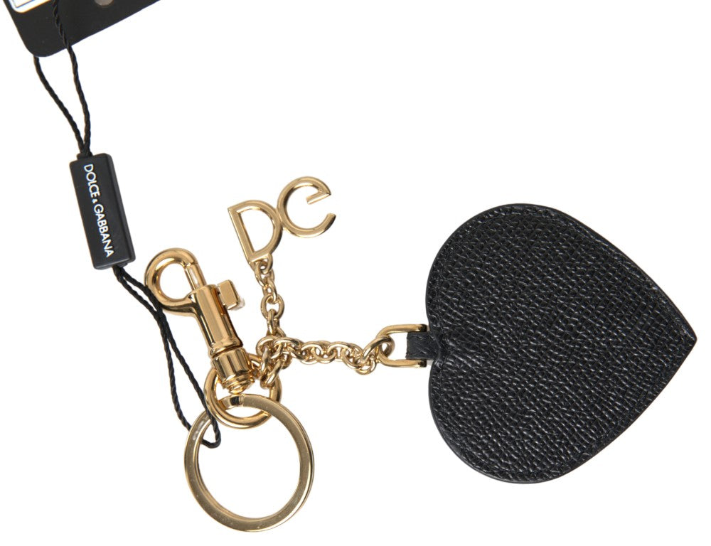 Dolce & Gabbana Black Fuchsia Heart Leather Gold Metal Keyring Keychain | Regal Royce