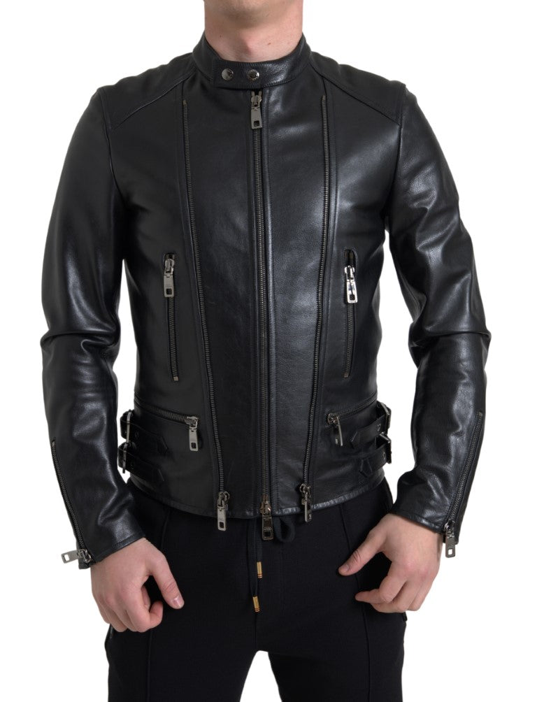 Dolce & Gabbana Black Leather Zipper Coat Men Jacket | Regal Royce